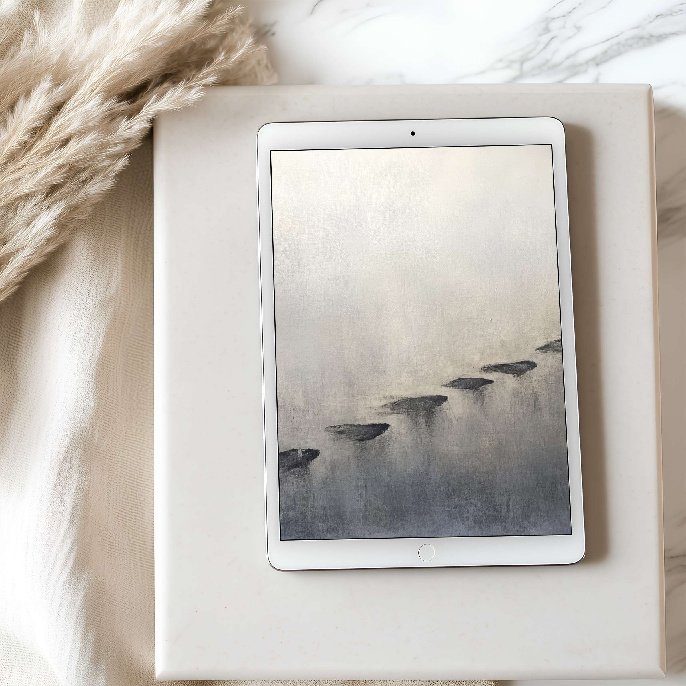 Elegant gradient tablet wallpaper featuring serene stepping stones in soft gray, ideal for high-resolution iPad and Android download