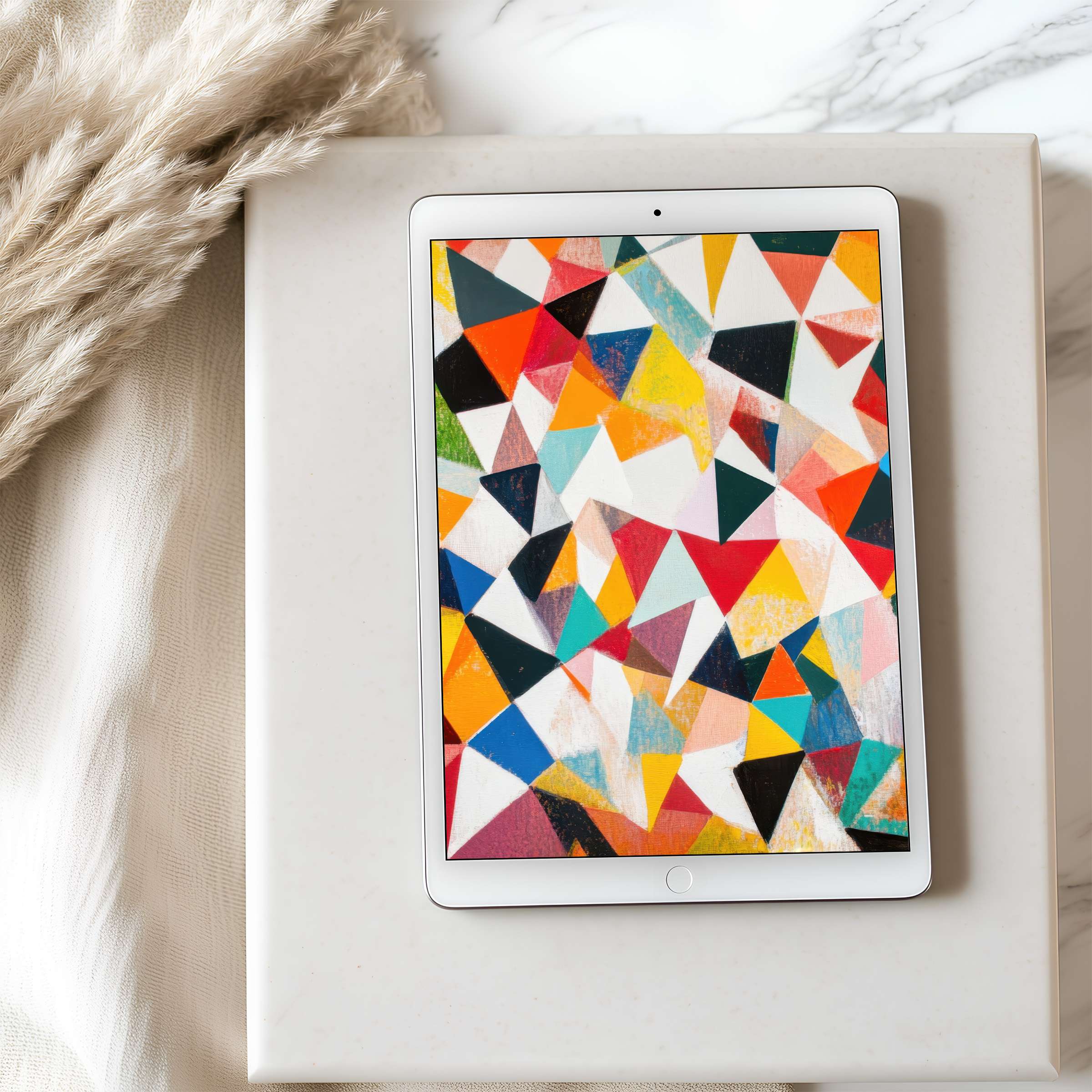 Colorful geometric tablet wallpaper on iPad evokes tranquility in an elegant space perfect for curated high-resolution digital download