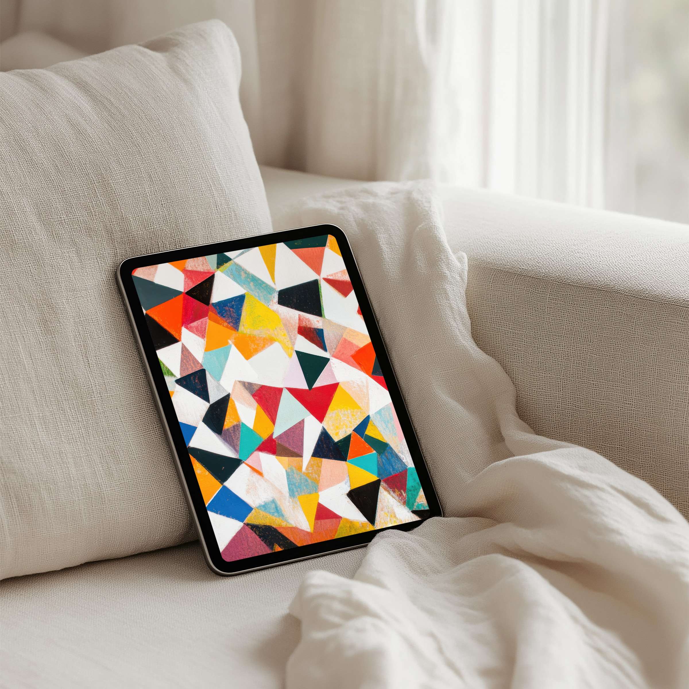 Vibrant geometric iPad background on a cozy couch evokes calm and creativity with instant download for any tablet user