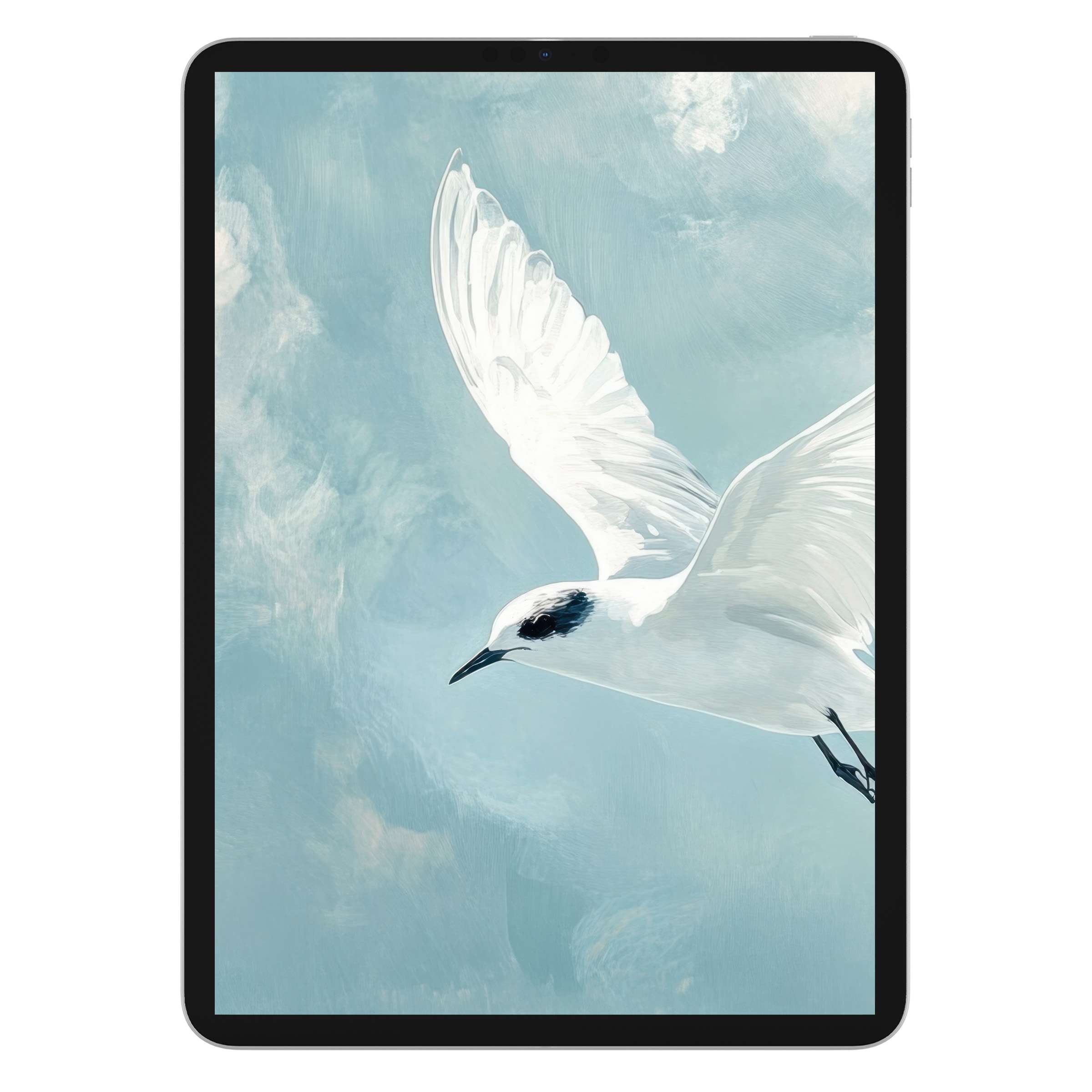 "Elegant minimalist iPad wallpaper with a serene white bird on a soft blue background, perfect digital download for all tablets"