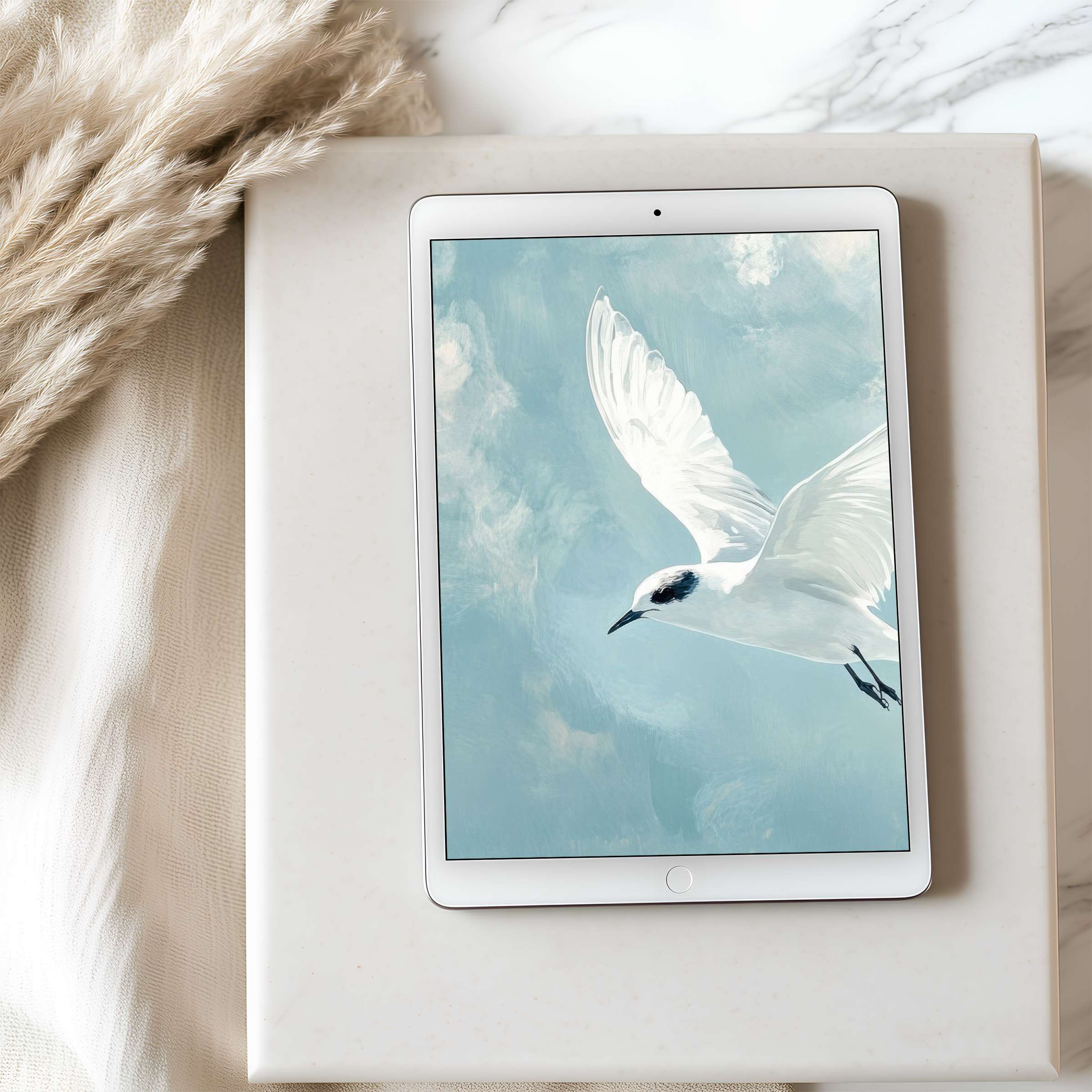 Elegant tablet wallpaper featuring a serene white bird on a soft blue sky, perfect for iPad or Android download, enhancing tranquility