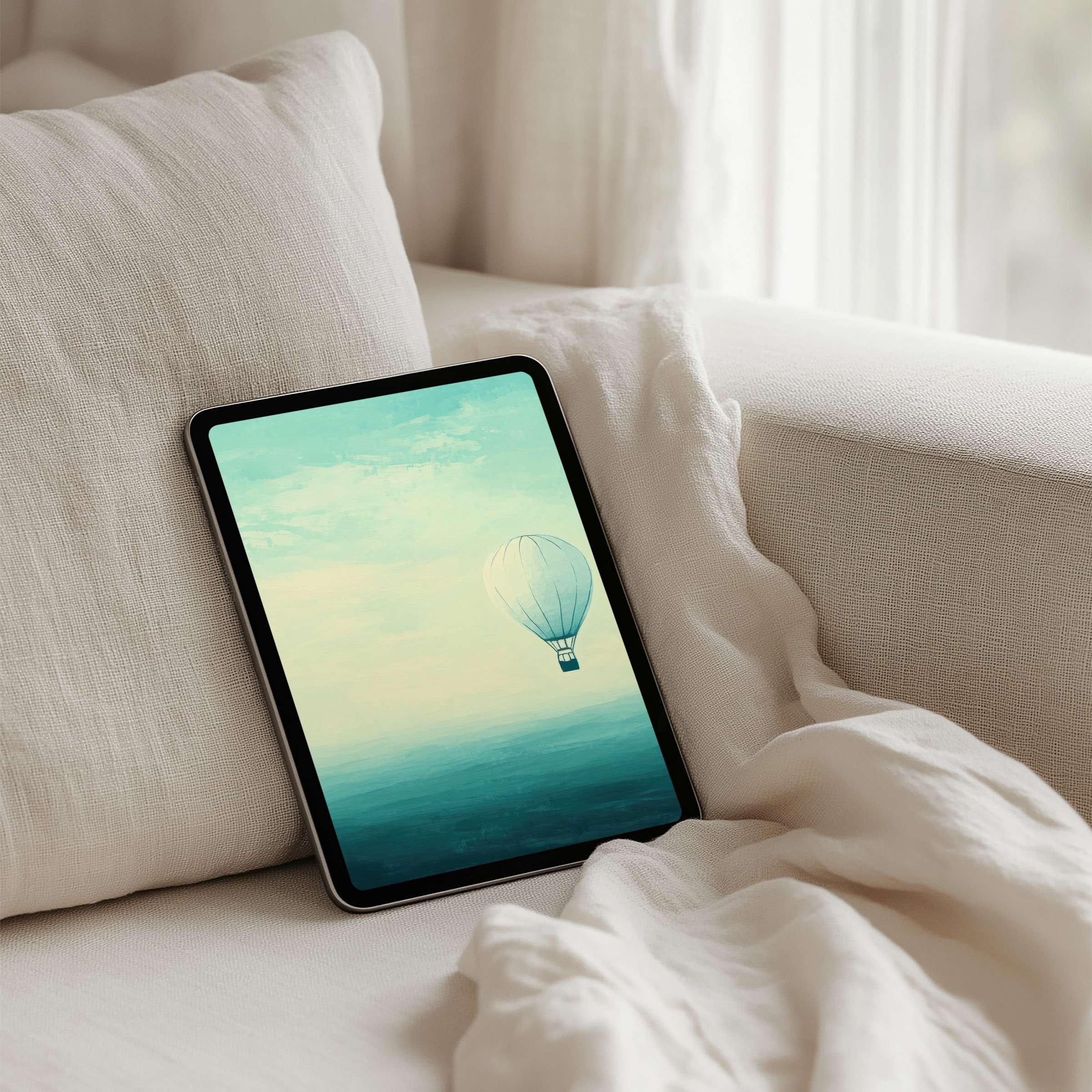 Elegant iPad background featuring a serene hot air balloon over pastel skies for instant download on any tablet inspiring mindfulness