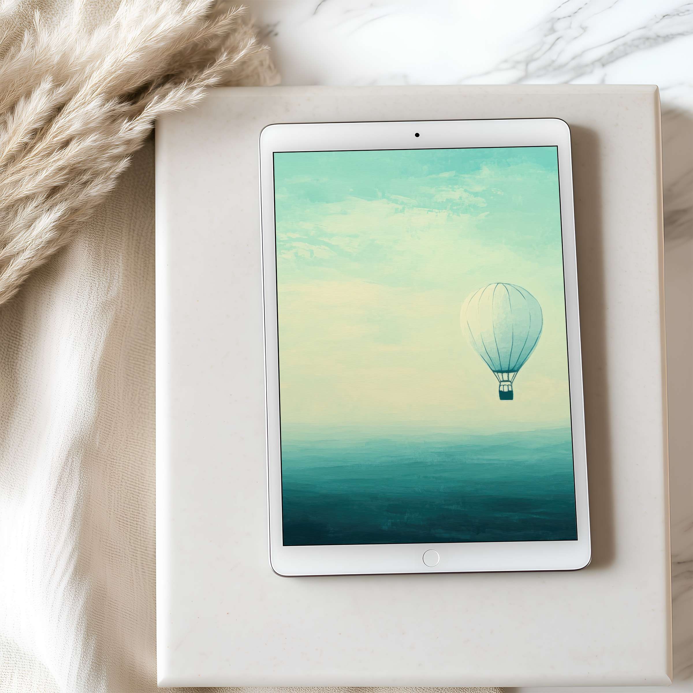 Serene tablet wallpaper featuring a hot air balloon against a pastel sky, perfect for high resolution digital downloads on iPads