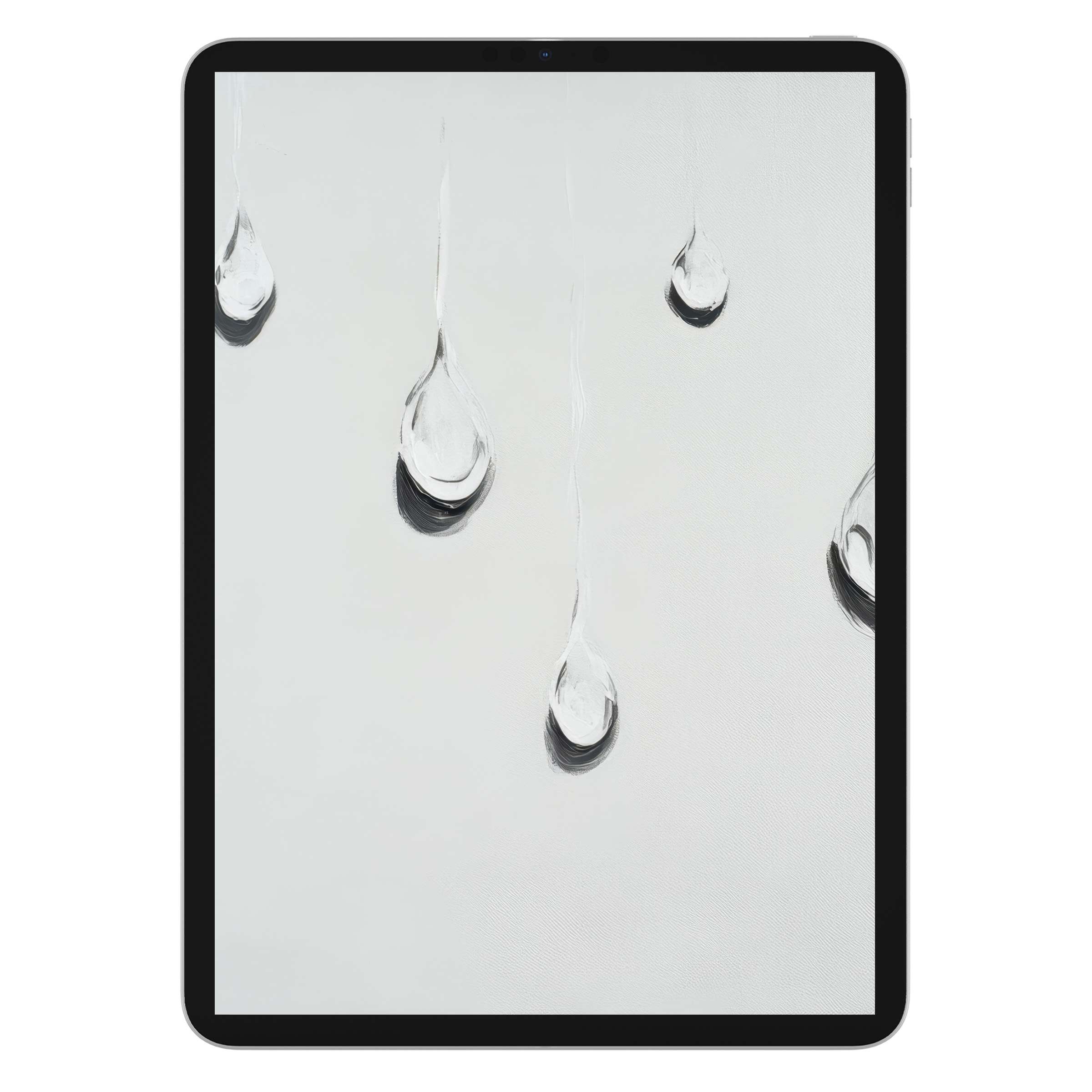 Minimalist iPad wallpaper with elegant water droplets on a serene light-gray background digital download for tablet tranquility