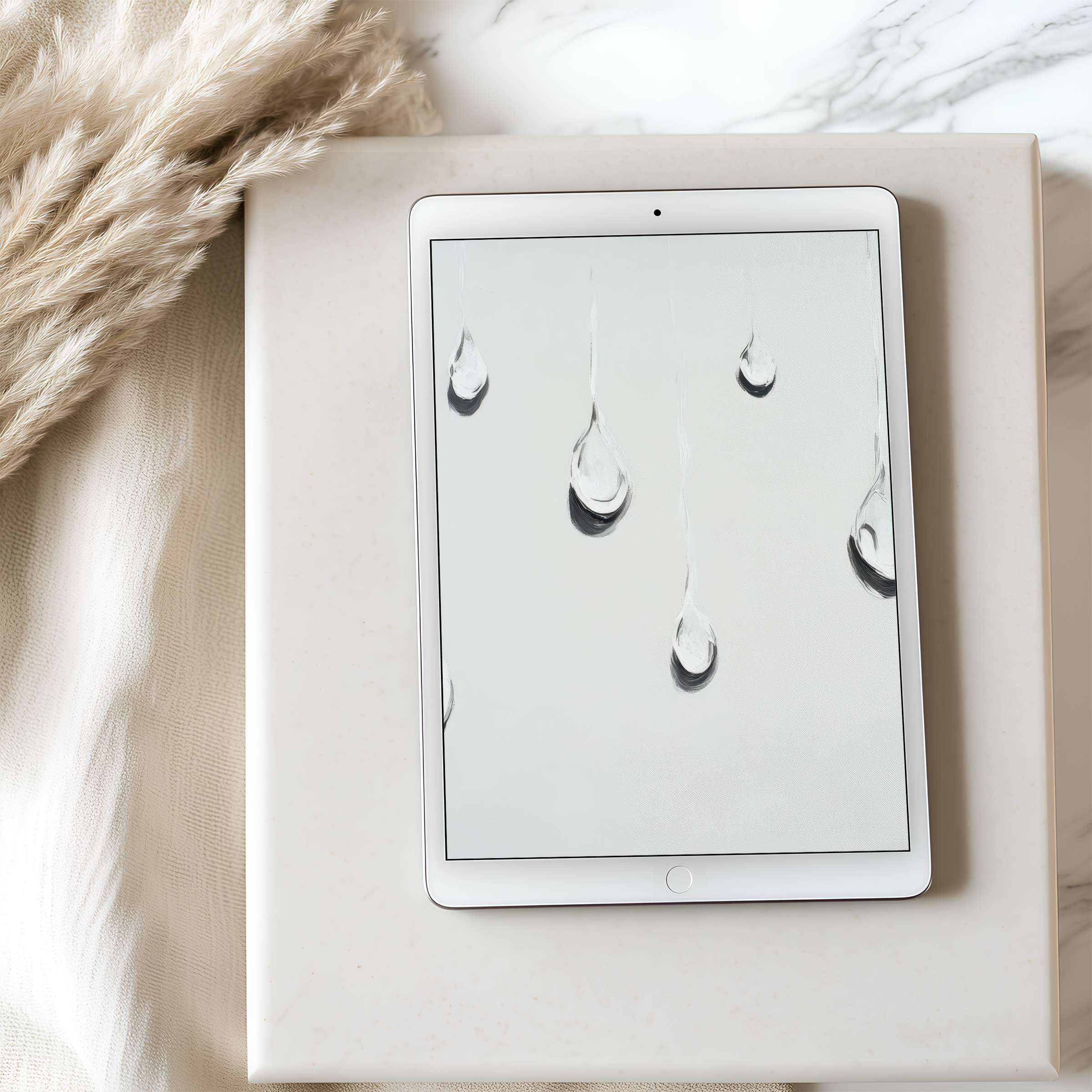 Elegant tablet wallpaper featuring minimalist raindrop motif in soothing tones, perfect for high resolution iPad and Android tablets download