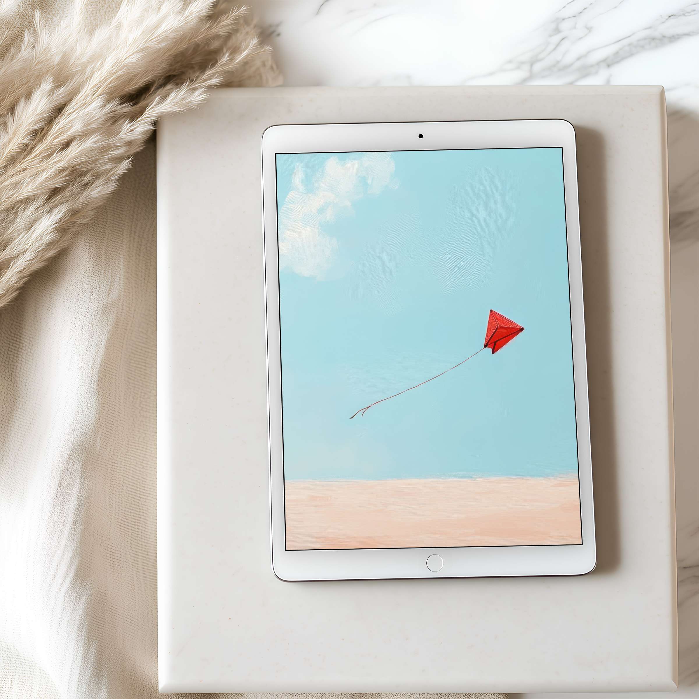 Serene tablet wallpaper featuring a minimalist red kite in a pastel sky, ideal for high resolution iPads and Android digital download
