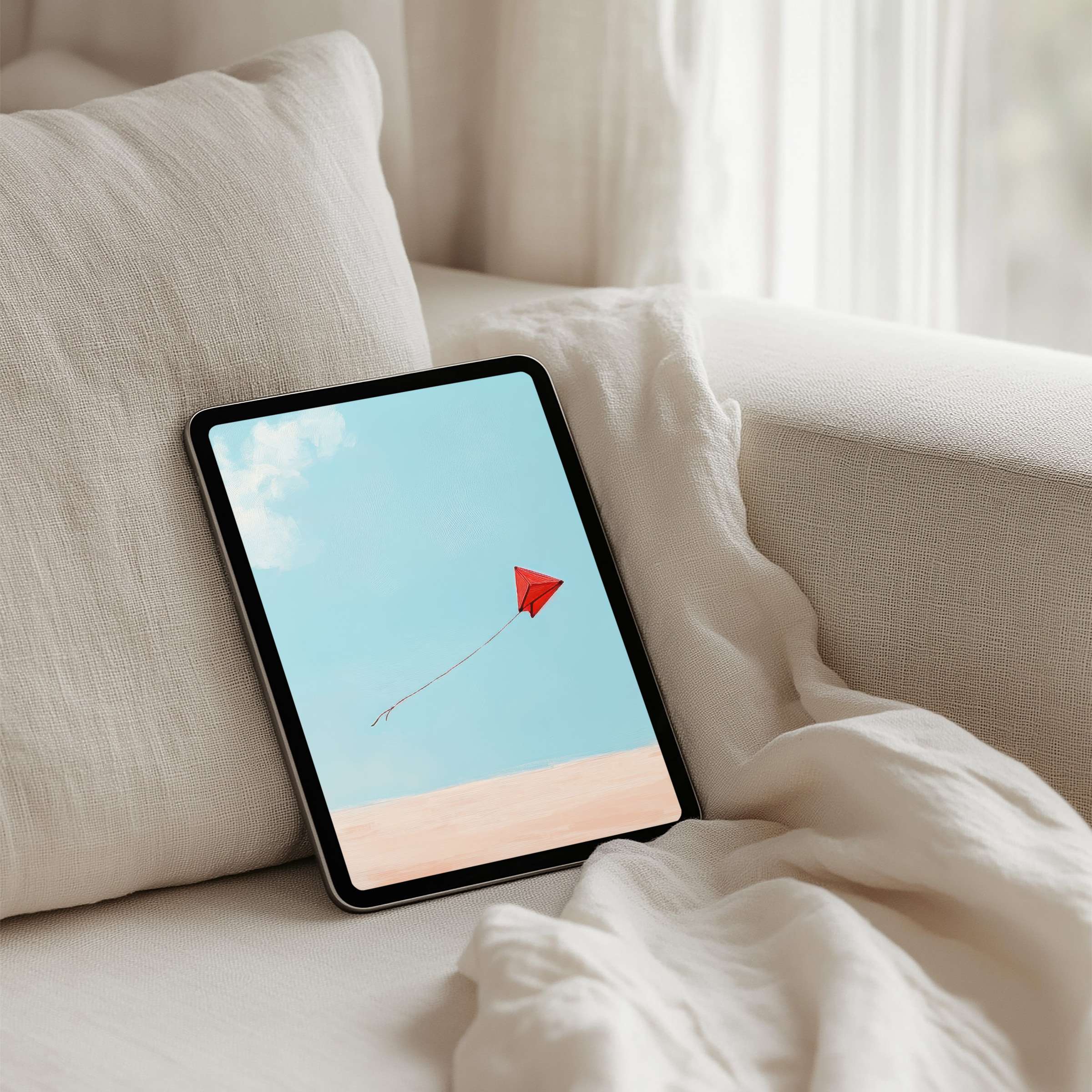 Elegant iPad background featuring a red kite soaring in a serene blue sky perfect for instant download on any tablet device