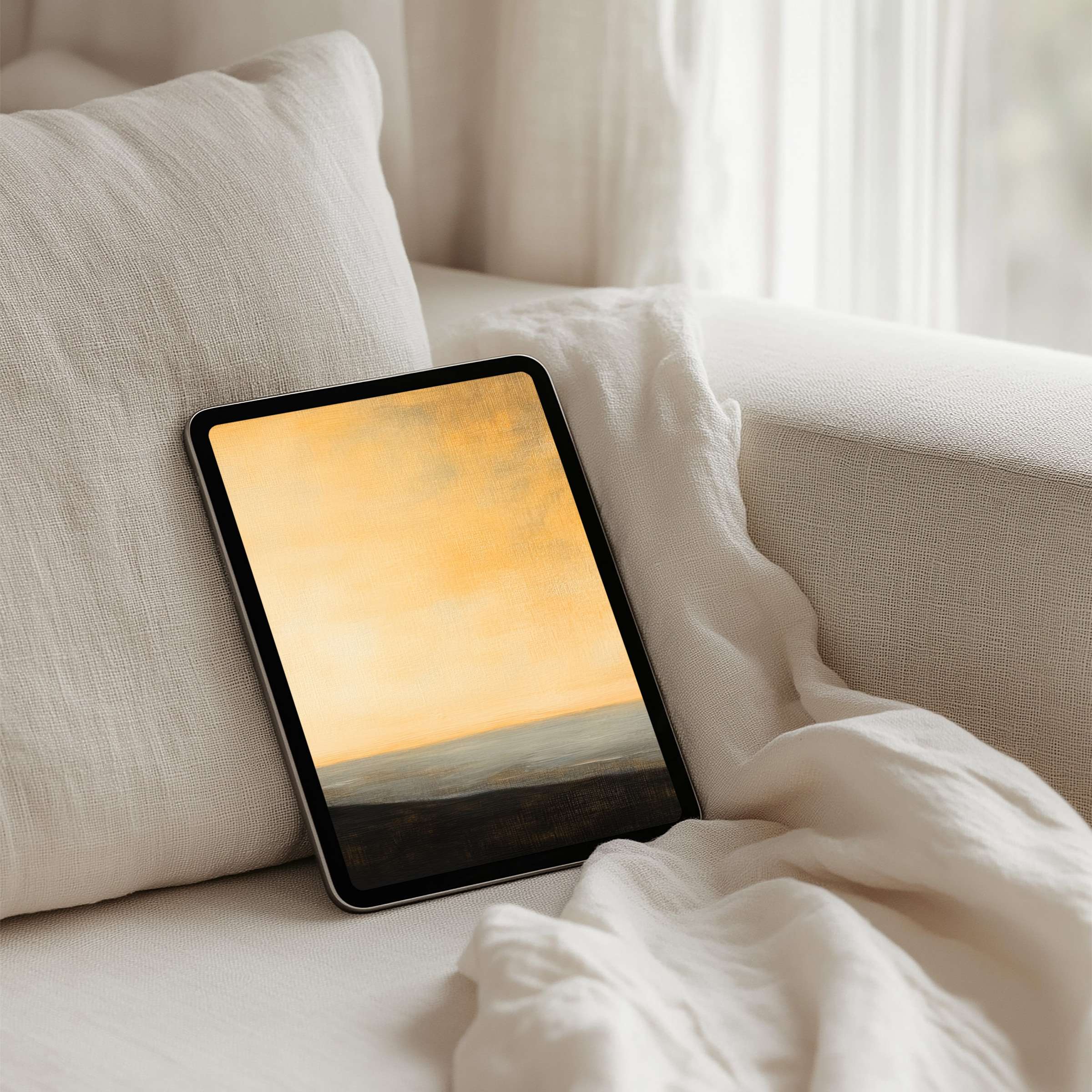 Elegant abstract art iPad background for instant download promotes calm inspiration on any tablet nestled on cozy, soft linens