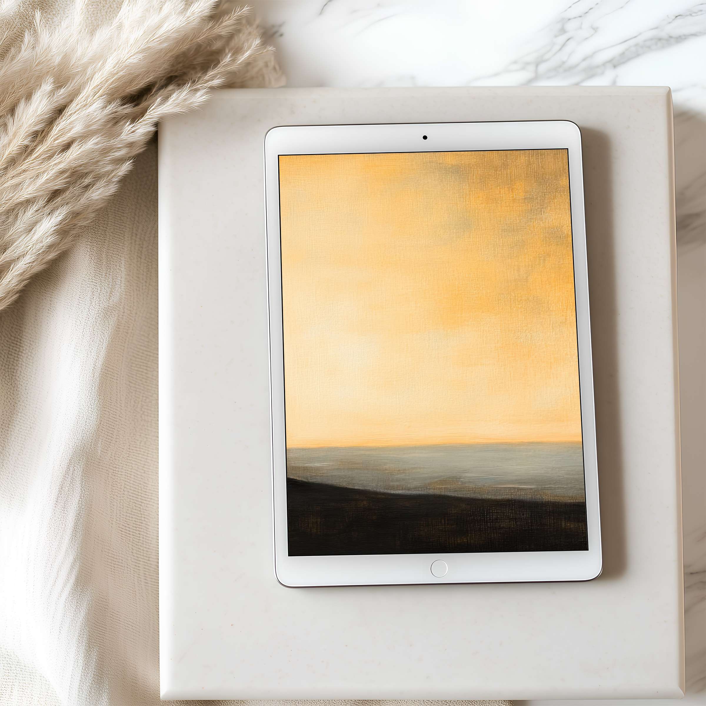 Serene yellow and gray landscape tablet wallpaper, ideal for iPad and Android tablets; a calming digital download for curated spaces