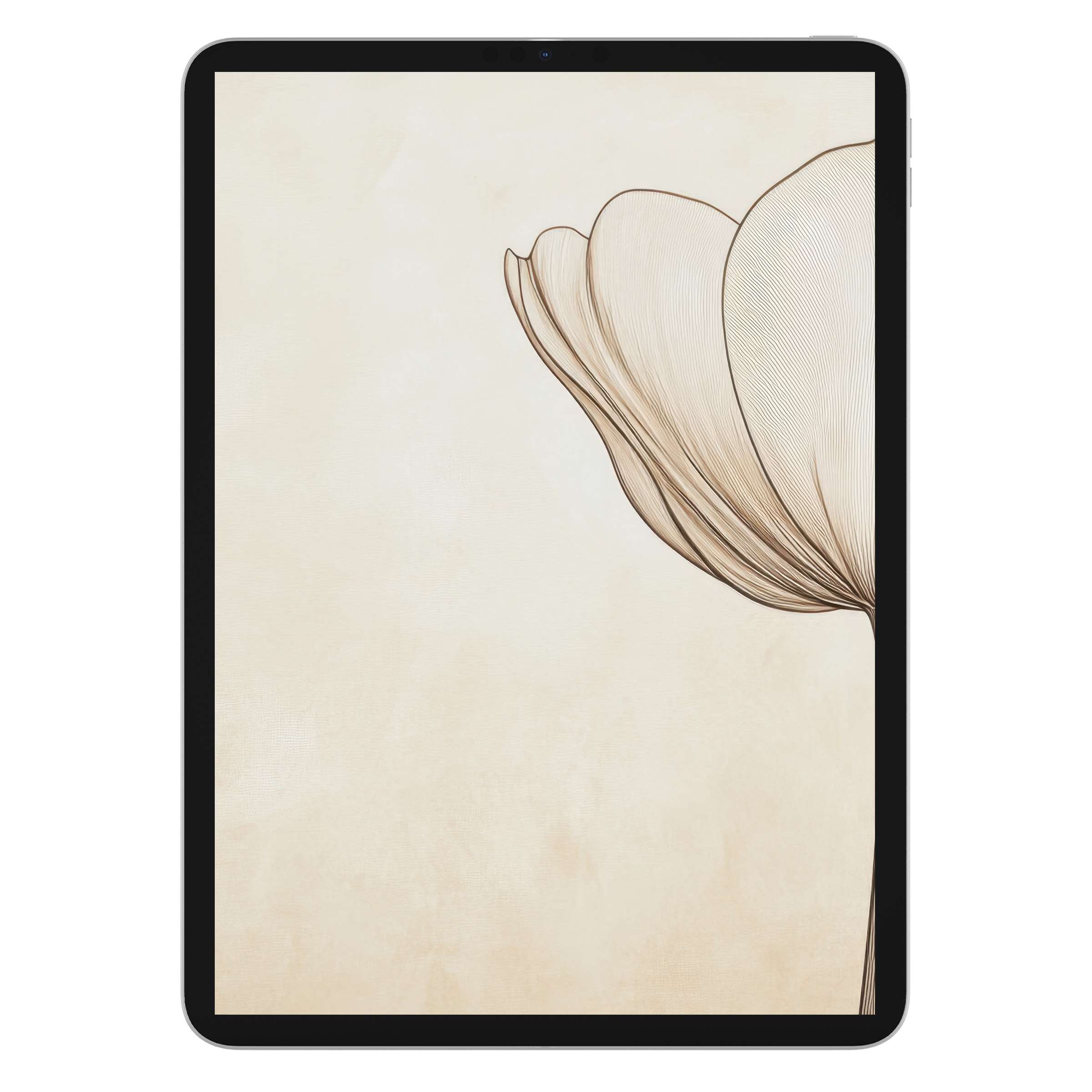 Elegant minimalist iPad wallpaper featuring a delicate line-art flower on a soft beige background, perfect digital download for any tablet