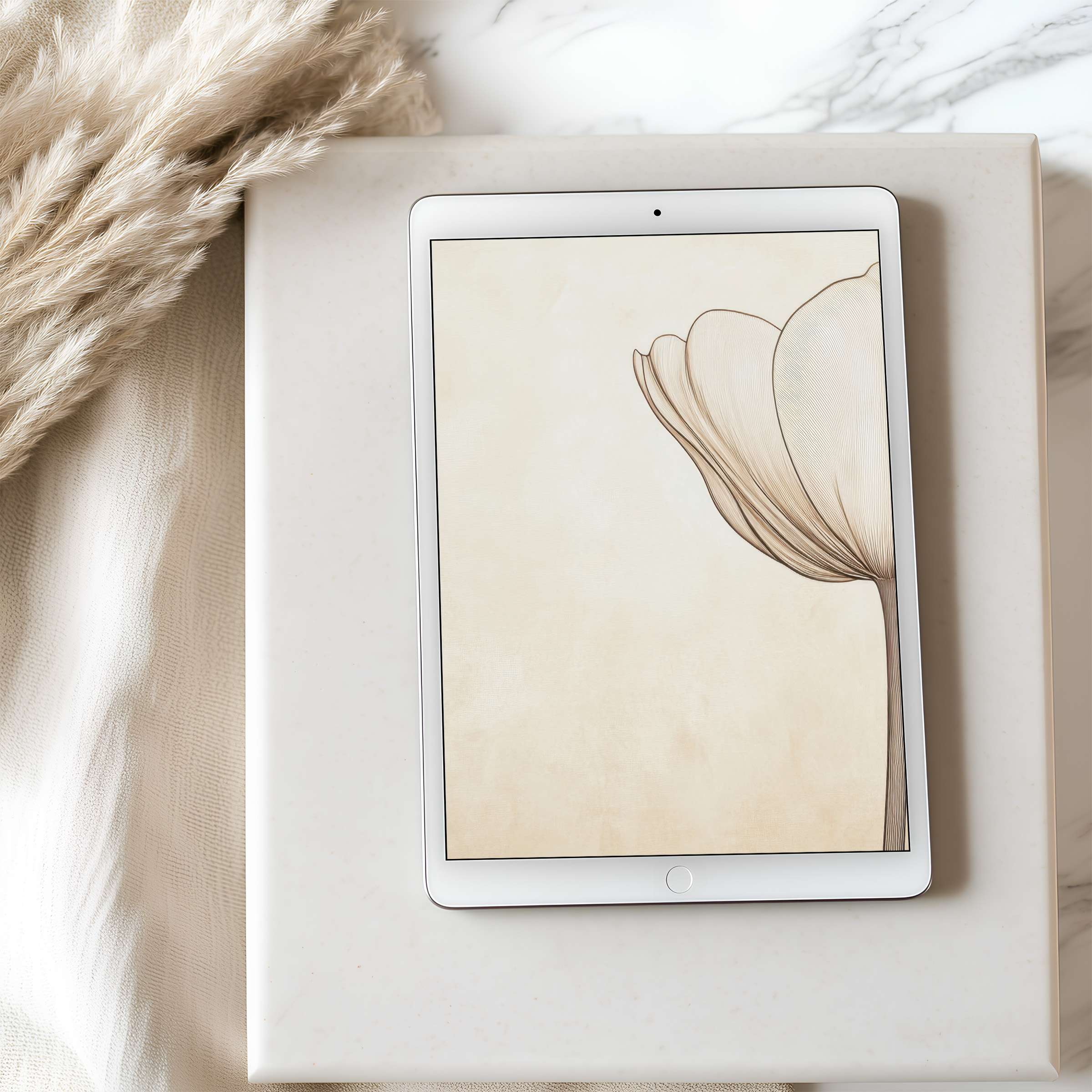 Elegant minimalist flower motif tablet wallpaper in soft beige tones enhances serenity suitable for iPad and Android digital download