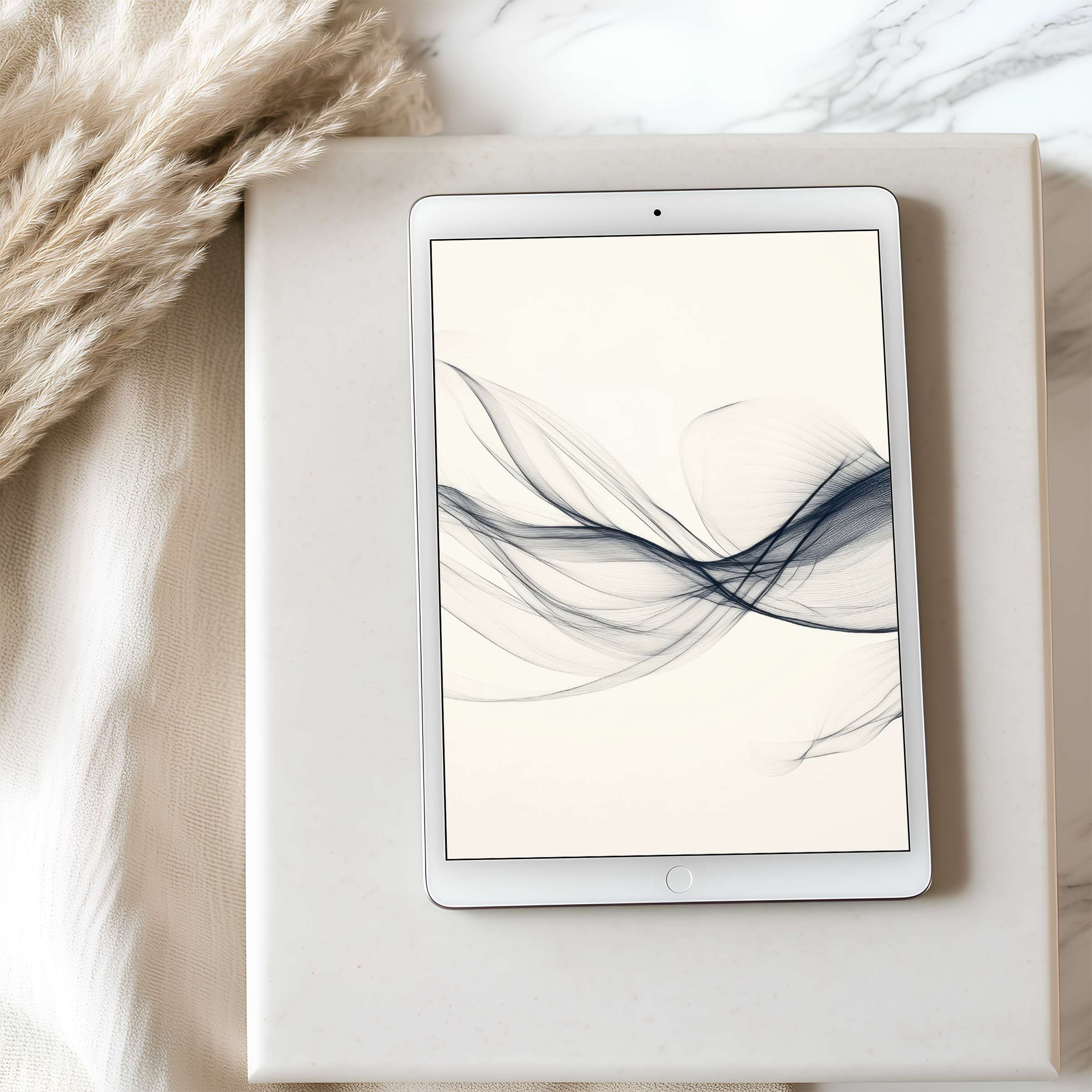 Elegant high-resolution tablet wallpaper featuring serene abstract waves in monochrome tones, ideal for iPad or Android tablets, downloadable