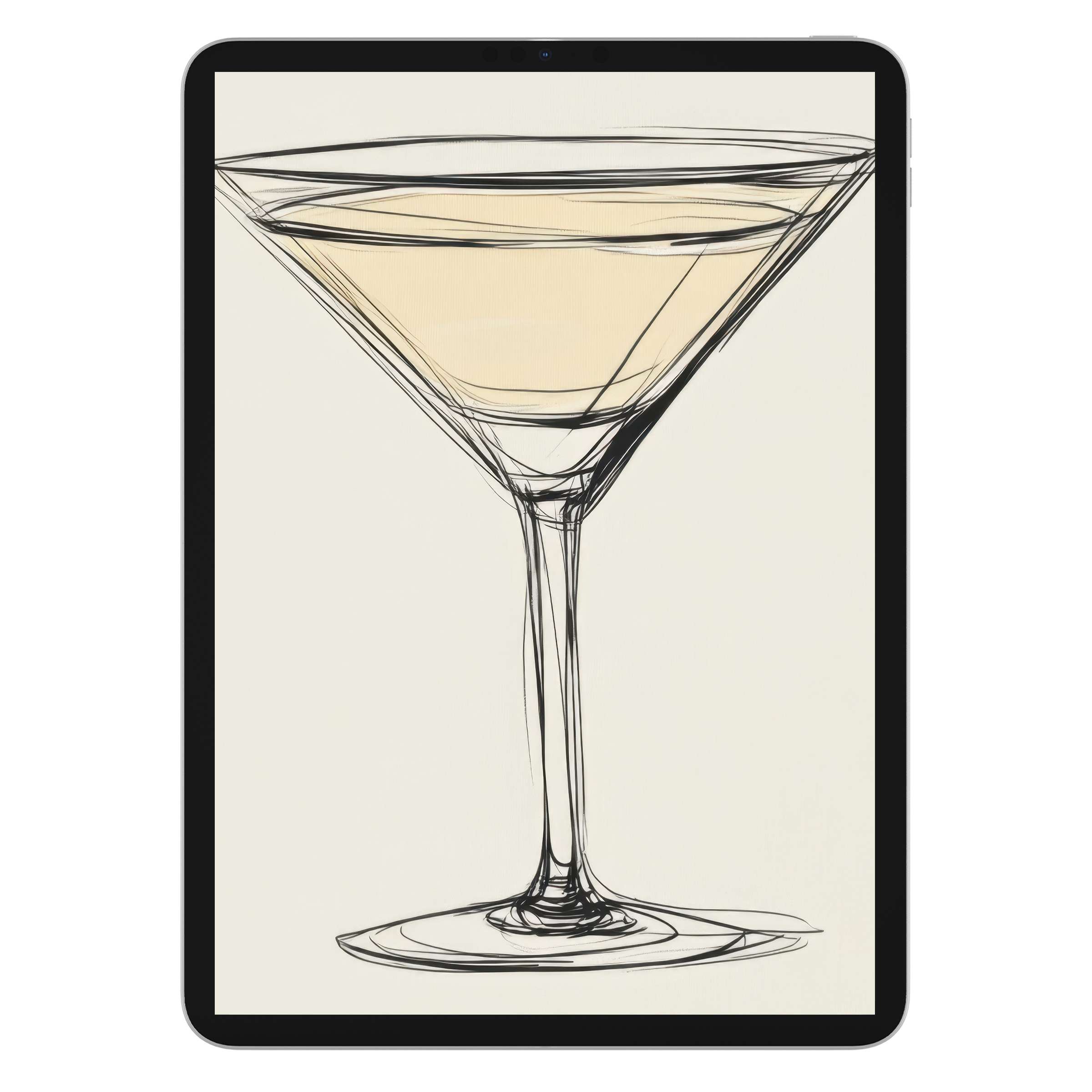 Elegant minimalist iPad wallpaper featuring a sketch-style martini glass, perfect digital download for tablet backgrounds, serene and artistic