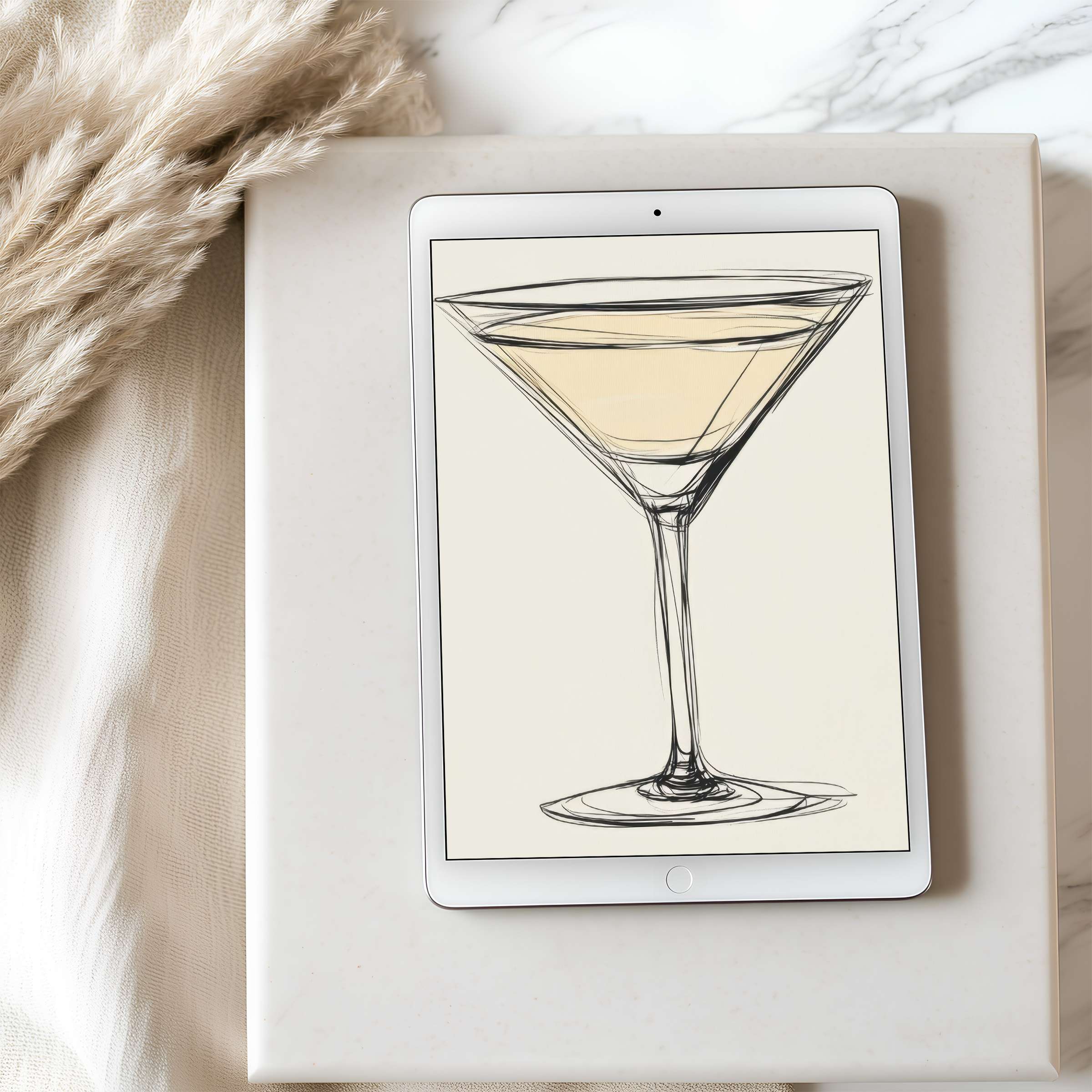Elegant digital art of a minimalist martini glass in muted tones, curated for tablet wallpaper, perfect for iPad and Android