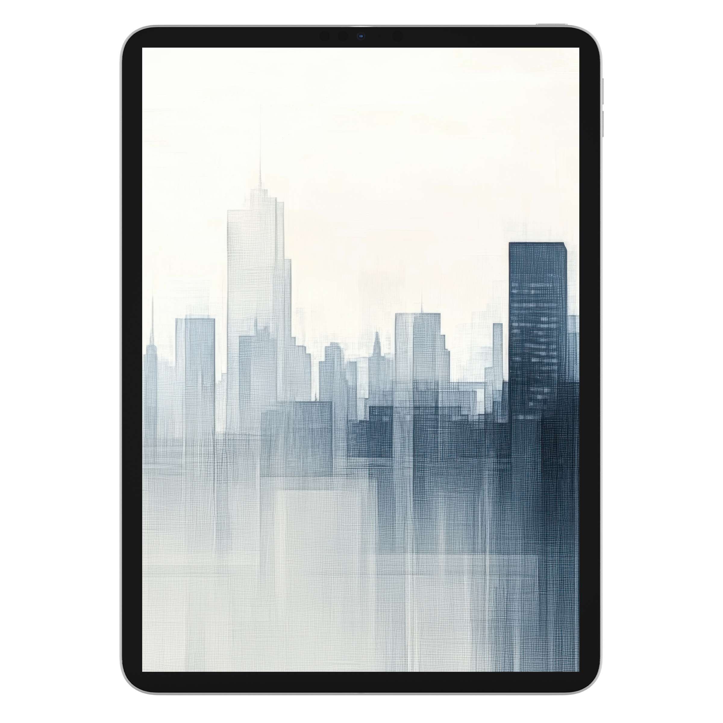 Serene cityscape digital download as a minimalist iPad wallpaper, creating a calming tablet background with soft urban silhouettes
