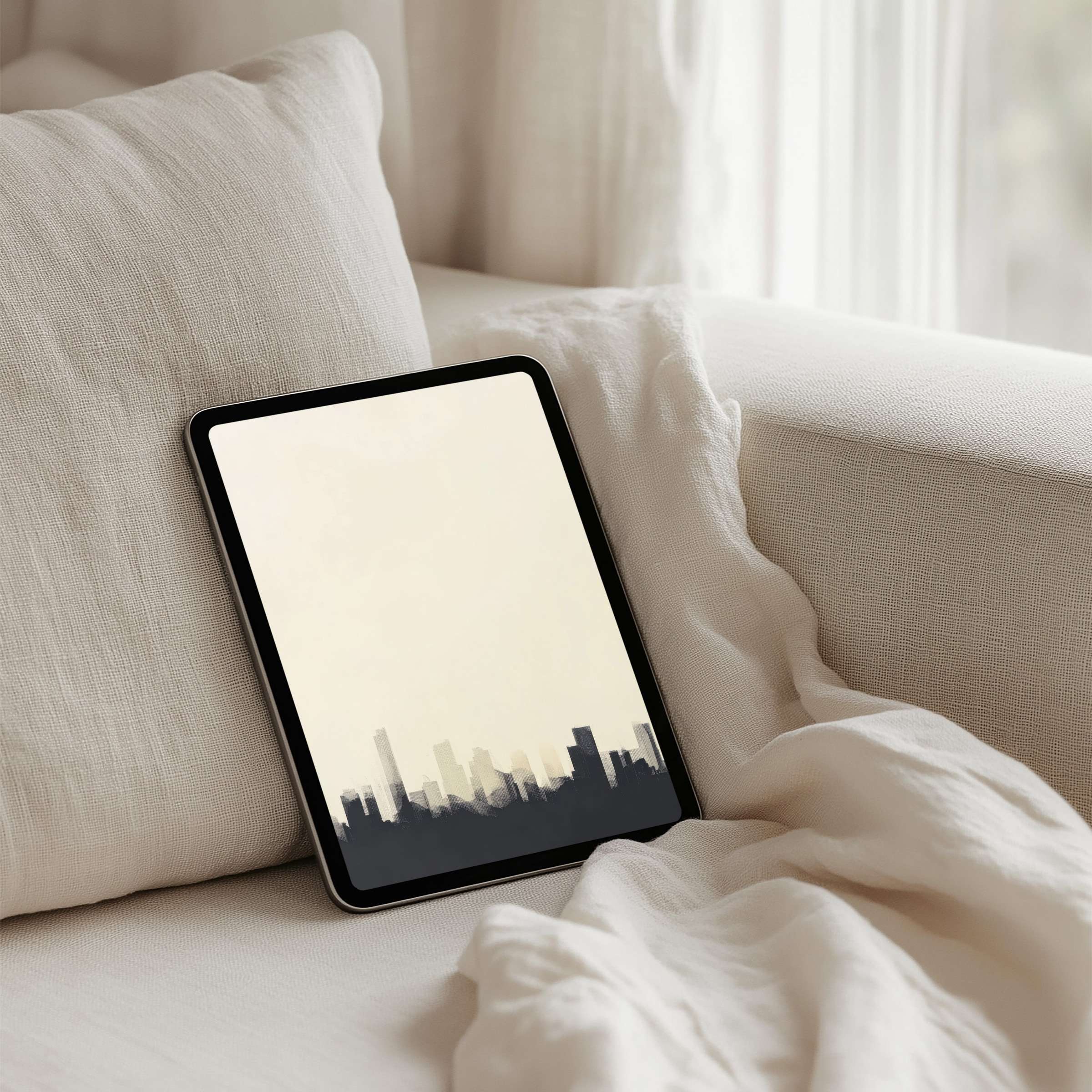 Neutral-toned iPad background with a minimalist cityscape offers calm elegance for tablet users seeking instant download inspiration