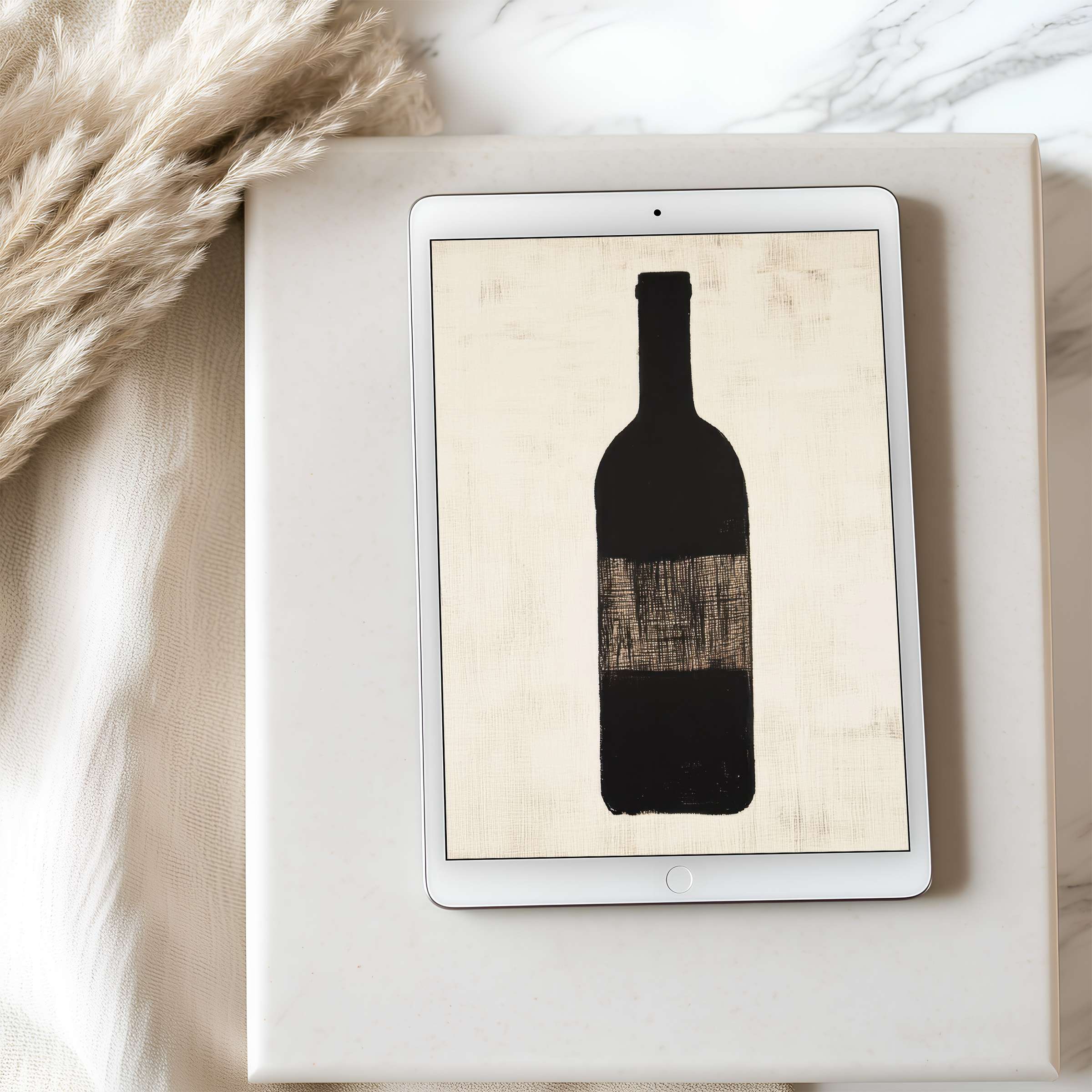 Elegant tablet wallpaper featuring minimalist black wine bottle art on a cream background perfect for high-resolution displays and digital download