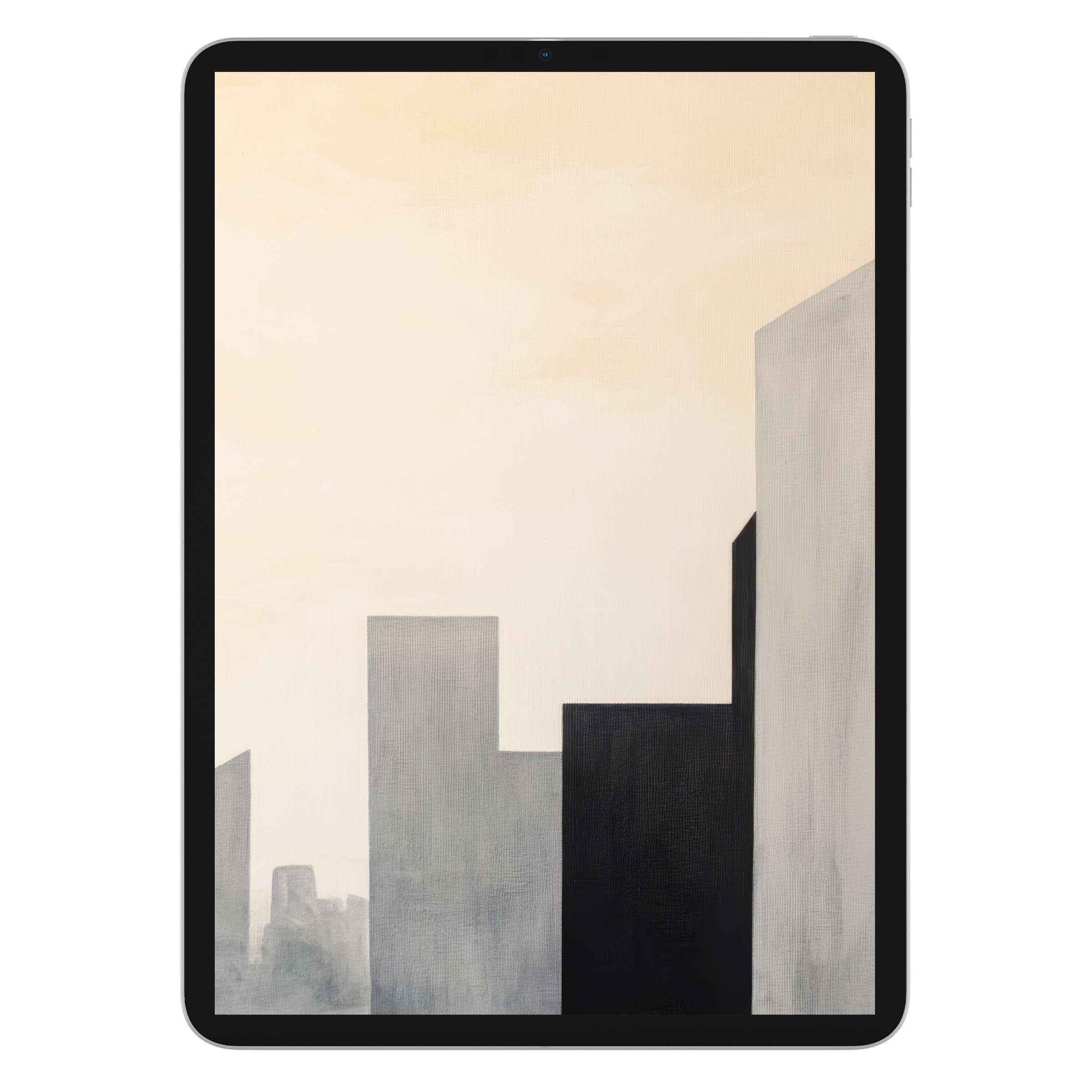 Minimalist iPad wallpaper with abstract cityscape in muted tones evokes serenity, ideal tablet background for digital download enthusiasts