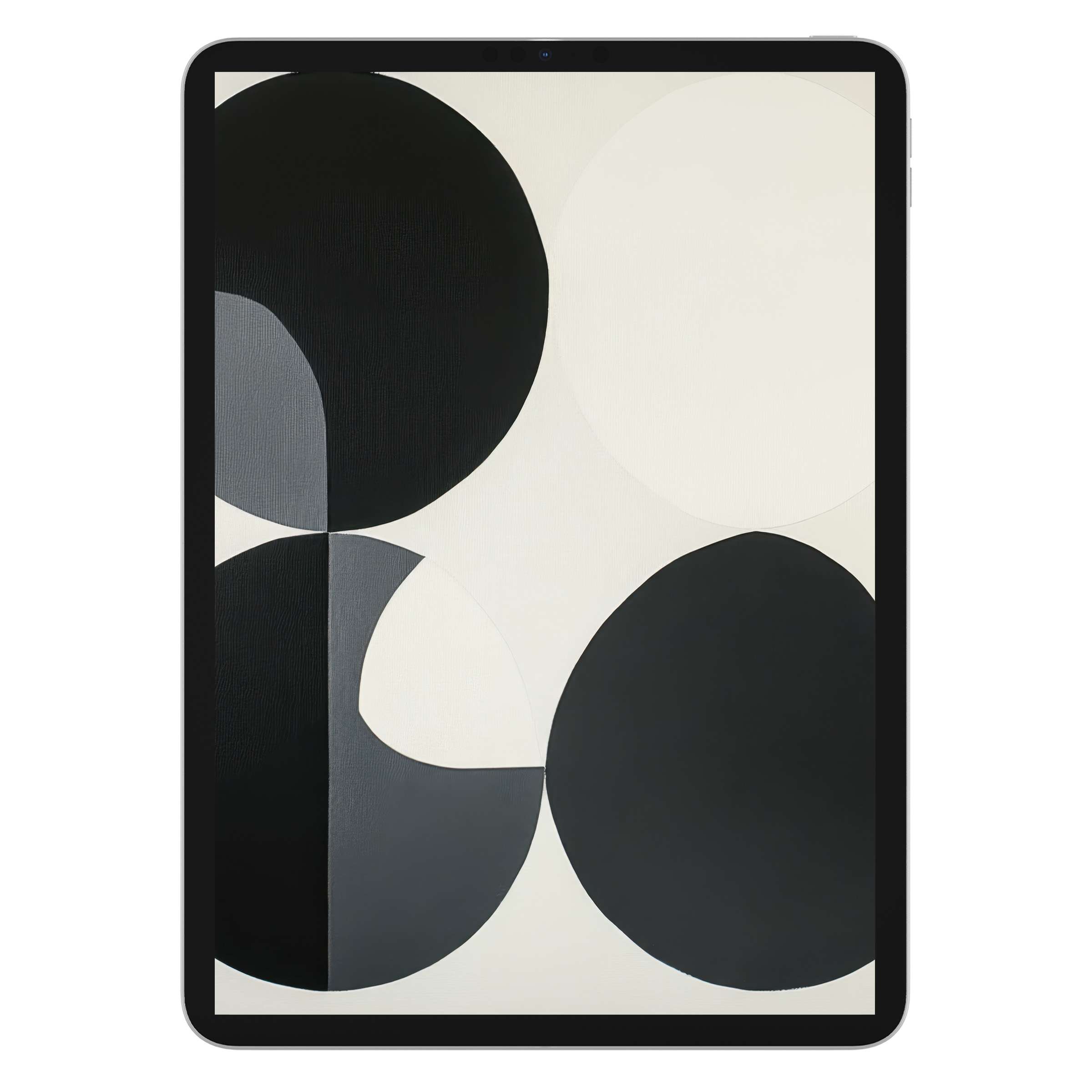 Minimalist iPad wallpaper featuring elegant black and white geometric circles as a calming tablet background digital download option