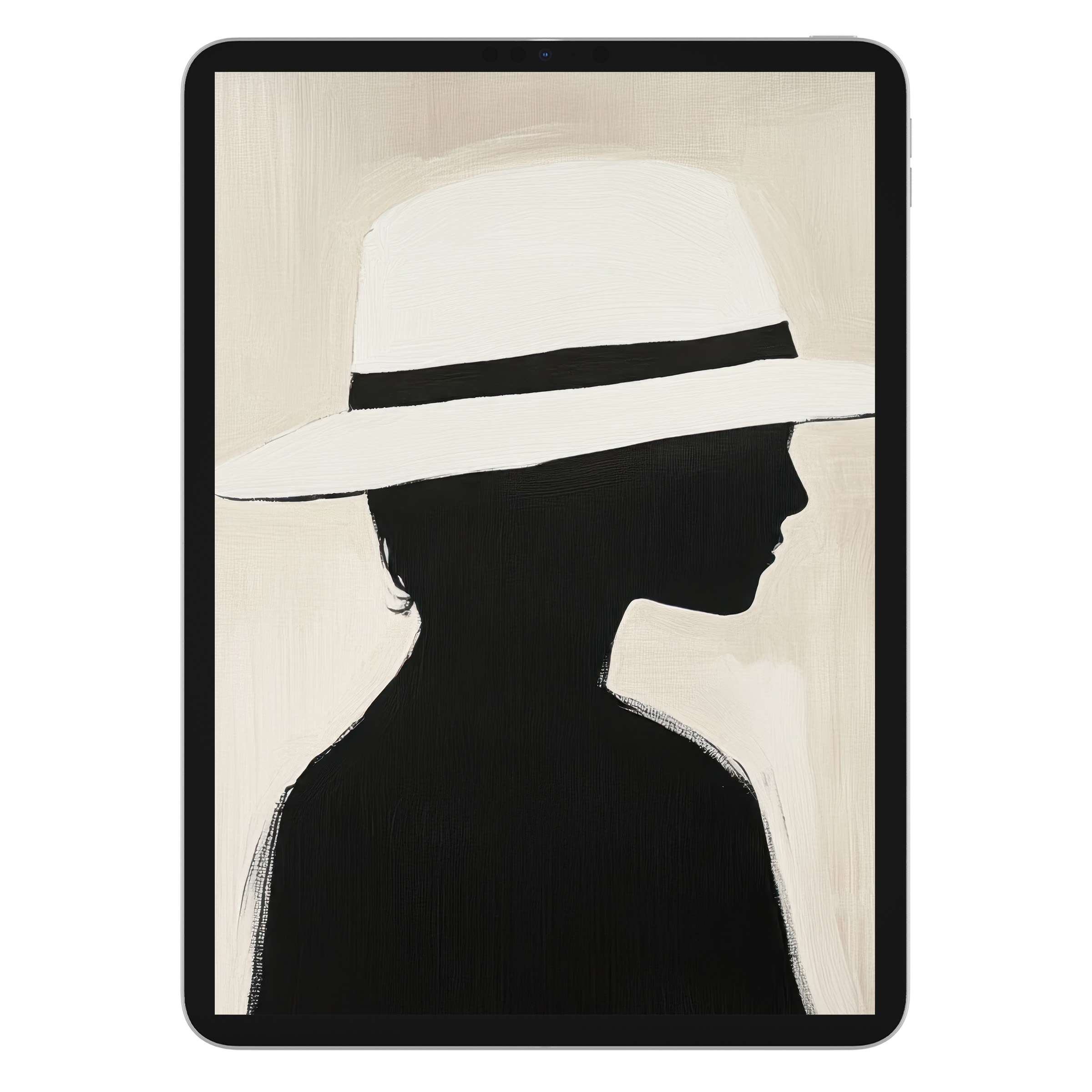 Elegant minimalist iPad wallpaper featuring a black silhouette with white hat on a neutral textured background for digital download tablets