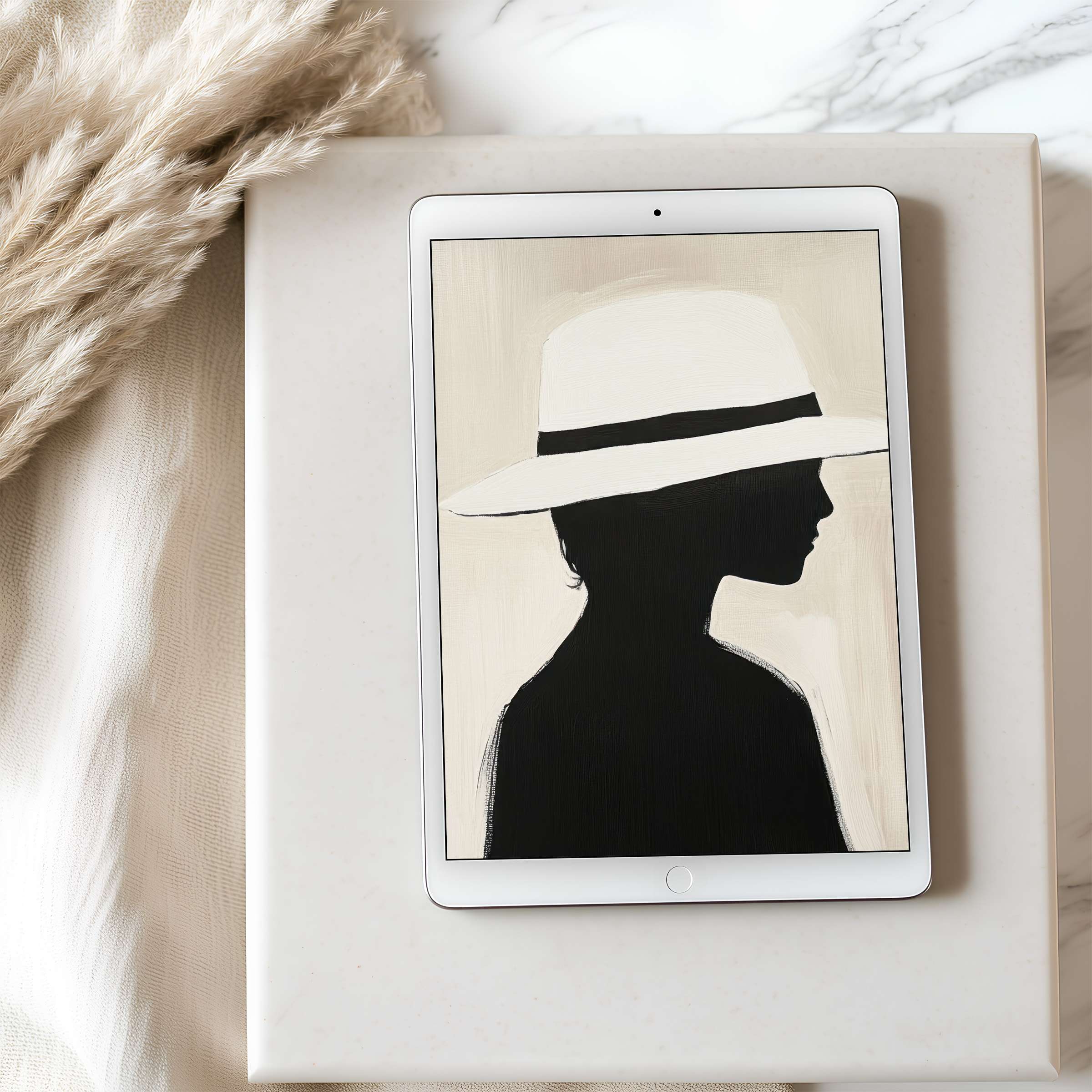 Elegant tablet wallpaper featuring a minimalistic silhouette in neutral hues on iPad, perfect high resolution digital download for serene spaces