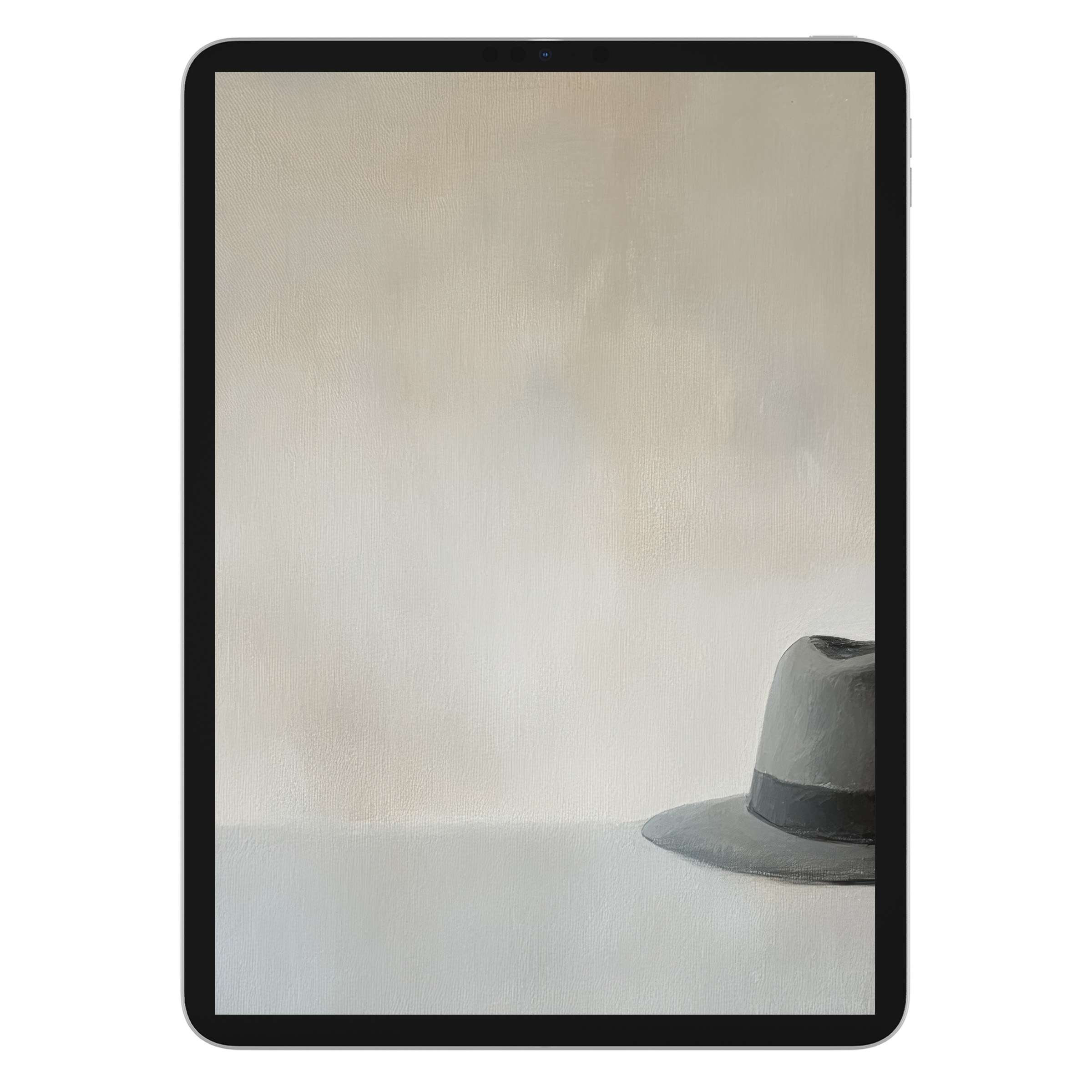 Minimalist iPad wallpaper in soft beige tones with a gray hat, offering a serene background for tablet users, digital download available