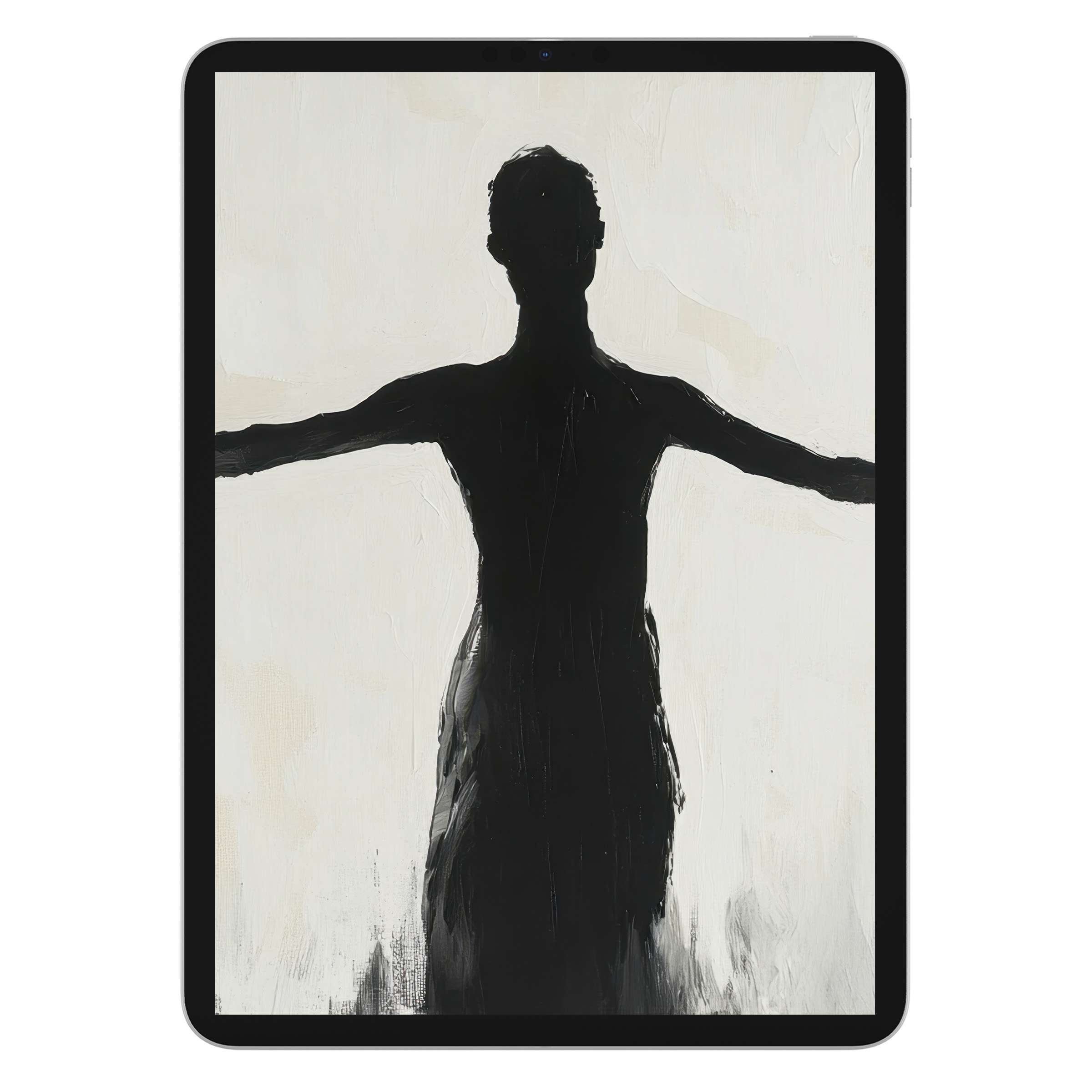 Minimalist iPad wallpaper featuring an elegant black silhouette on a white background digital download for tablets enhancing aesthetics