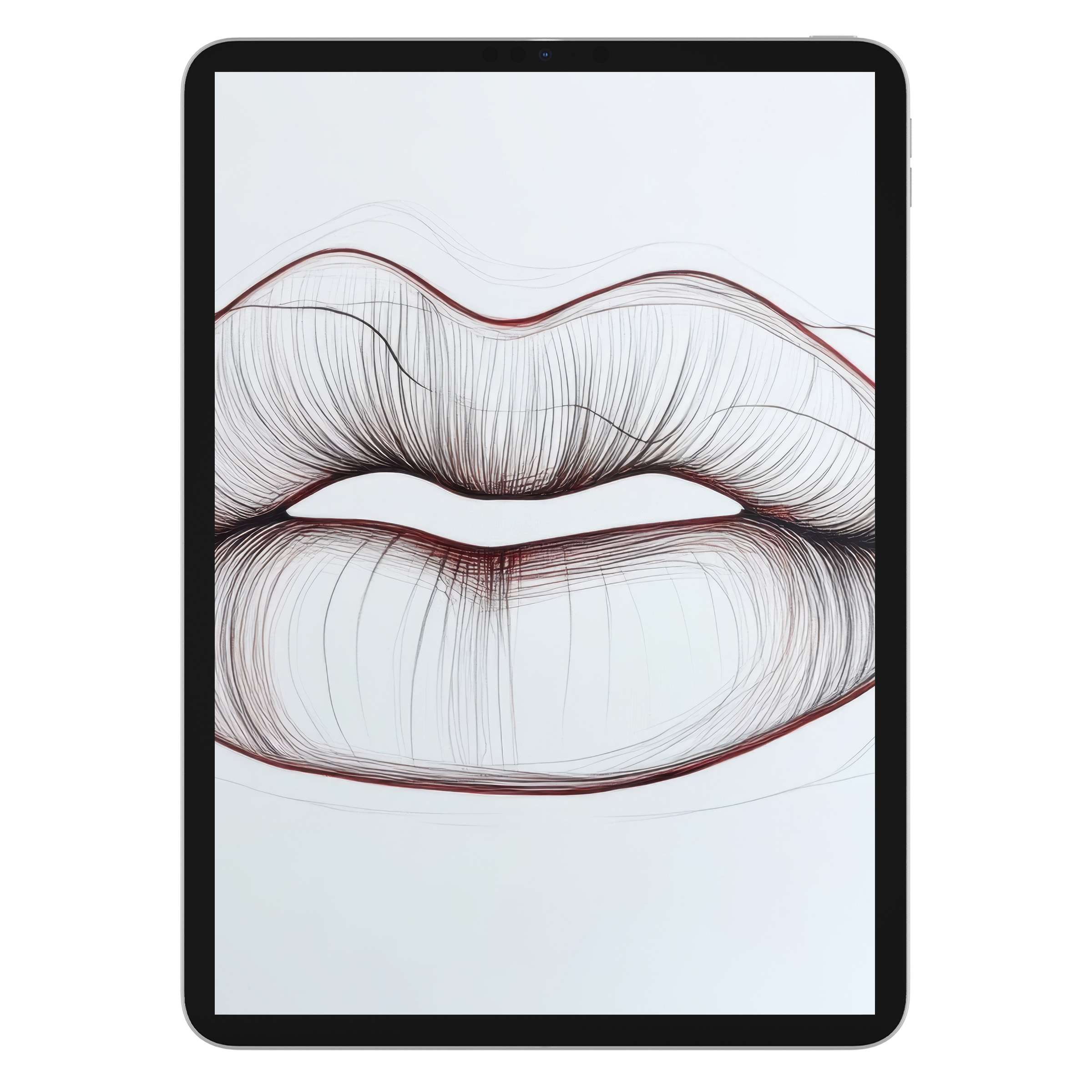Elegant minimalist iPad wallpaper featuring abstract line art lips in black and red, a digital download for tablet backgrounds