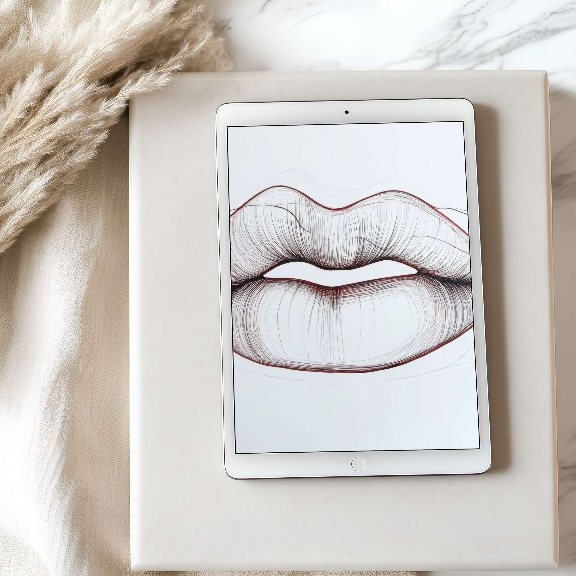 Elegant tablet wallpaper showcases minimalist sketch of lips on an iPad, set against soft, sustainable textures, ideal for digital download