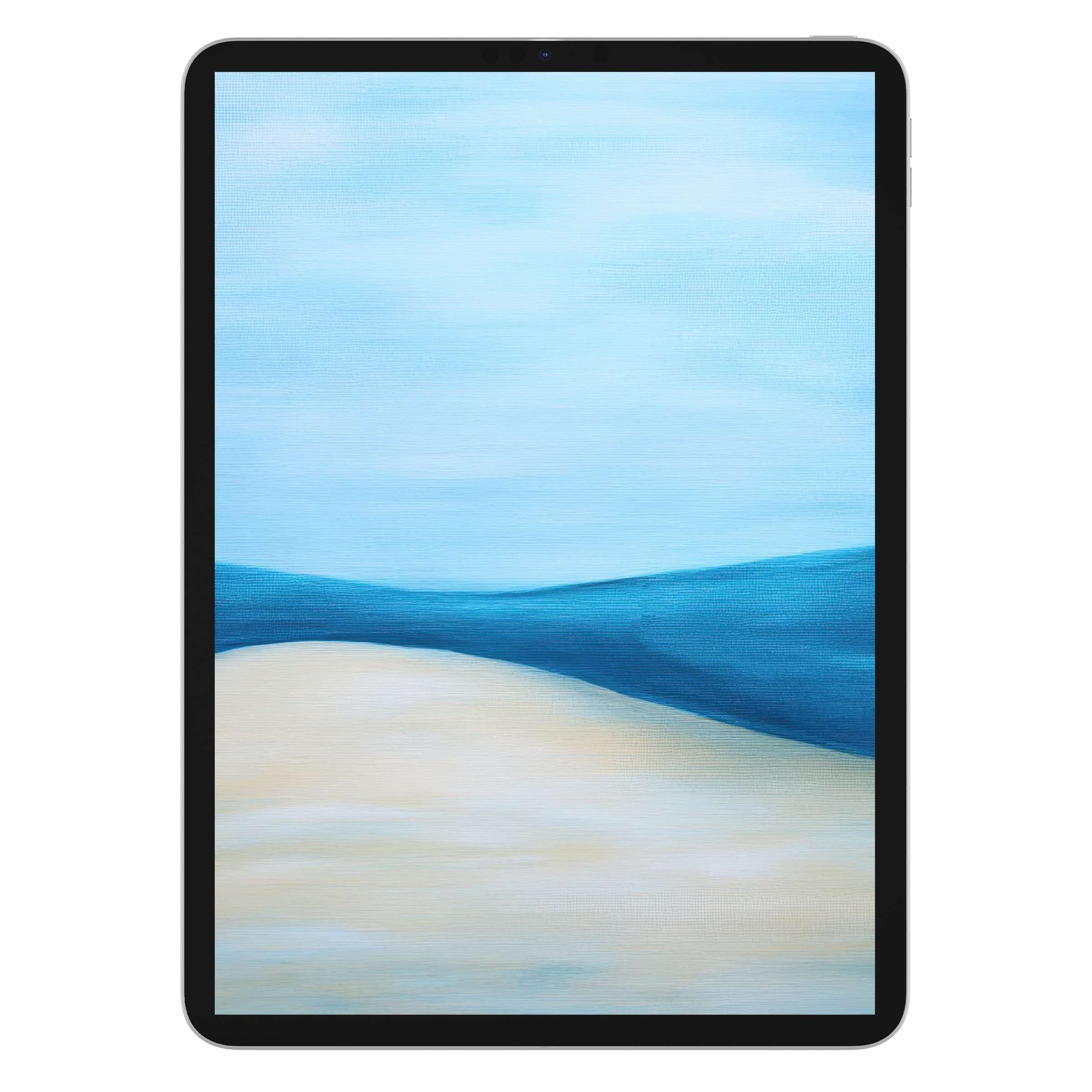 Elegant minimalist iPad wallpaper featuring serene blue and beige abstract waves, perfect digital download for tablet background artistry