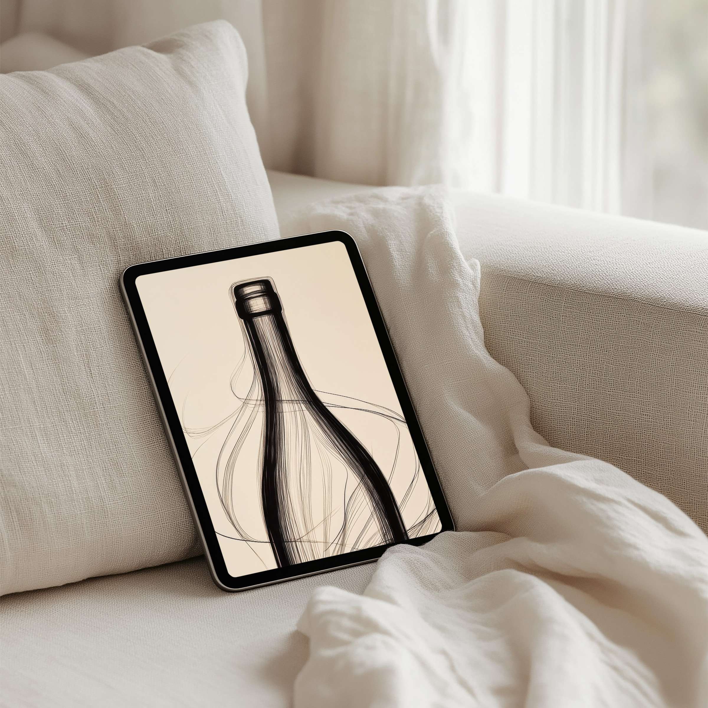 Elegant iPad background with abstract bottle art for instant download on tablet sparks calm and inspiration in cozy settings