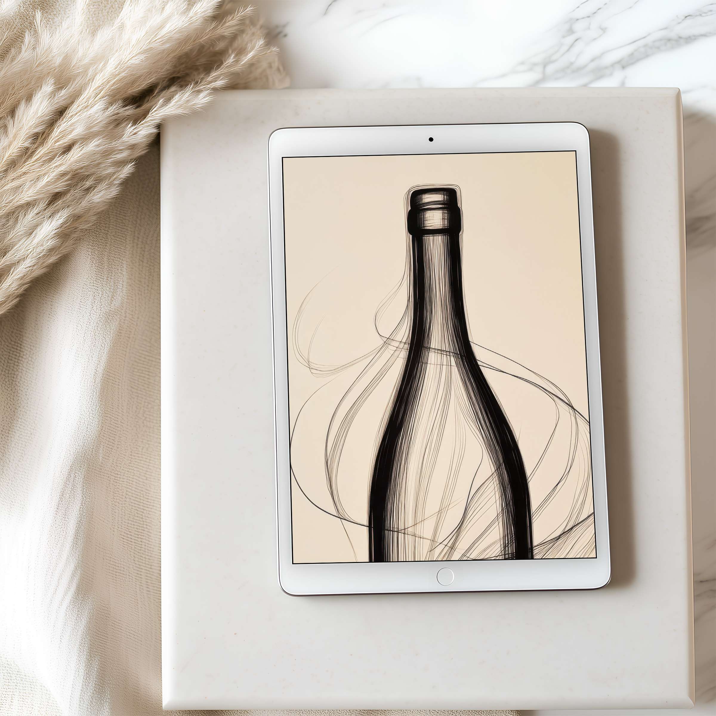 Elegant tablet wallpaper featuring minimalist wine bottle sketch; ideal for iPad and Android, enhancing any curated digital space
