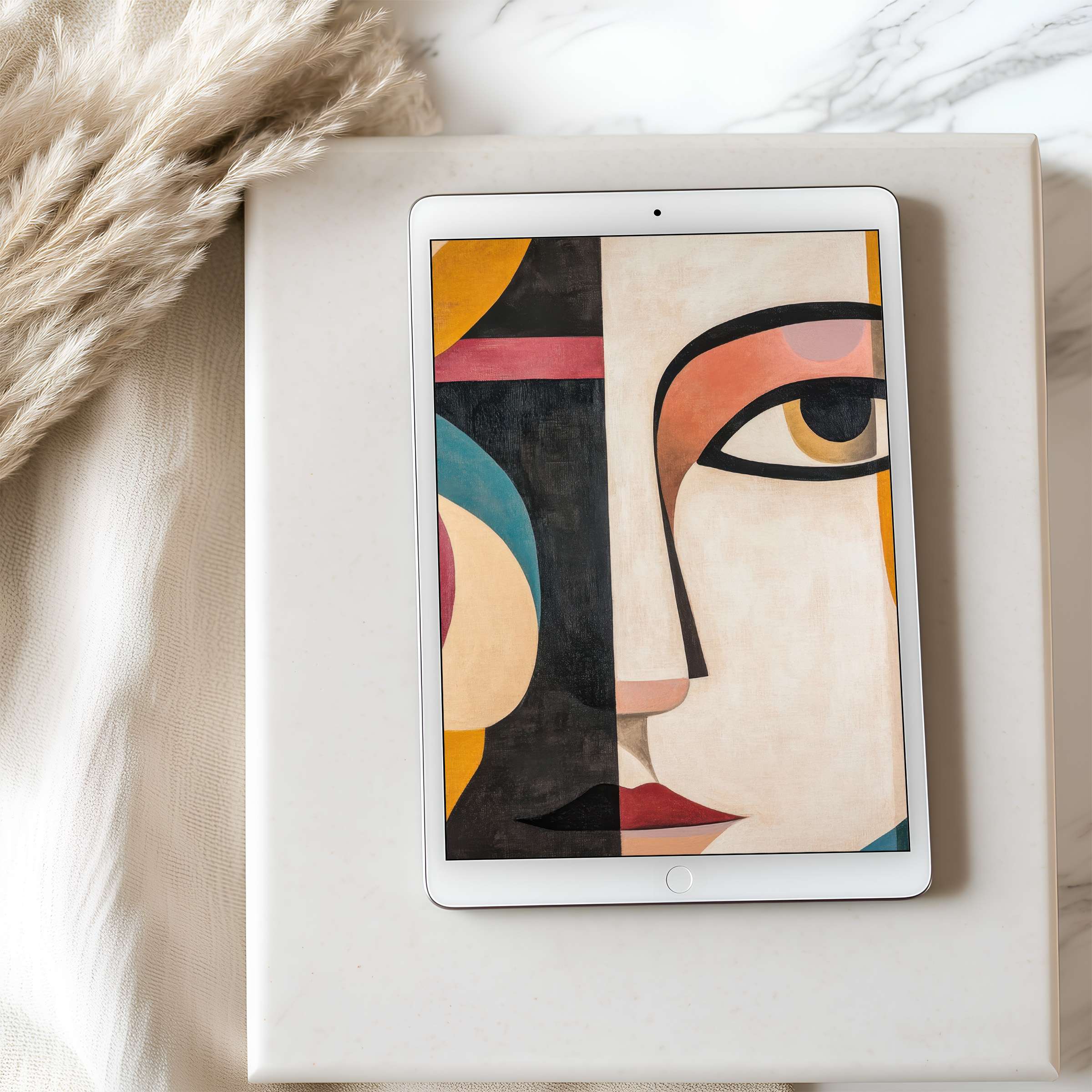 Artful geometric face in rich tones enhances tablet wallpaper on iPad, blending high resolution elegance with serene interiors, perfect for digital download