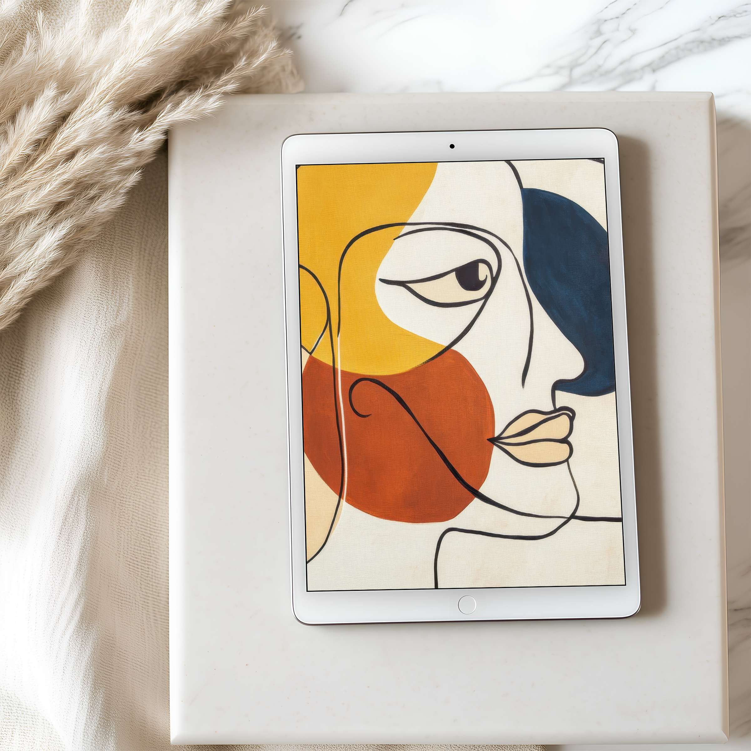 Elegant abstract face in warm hues enriches your tablet wallpaper, ideal for iPad and Android, offering calming digital art sophistication