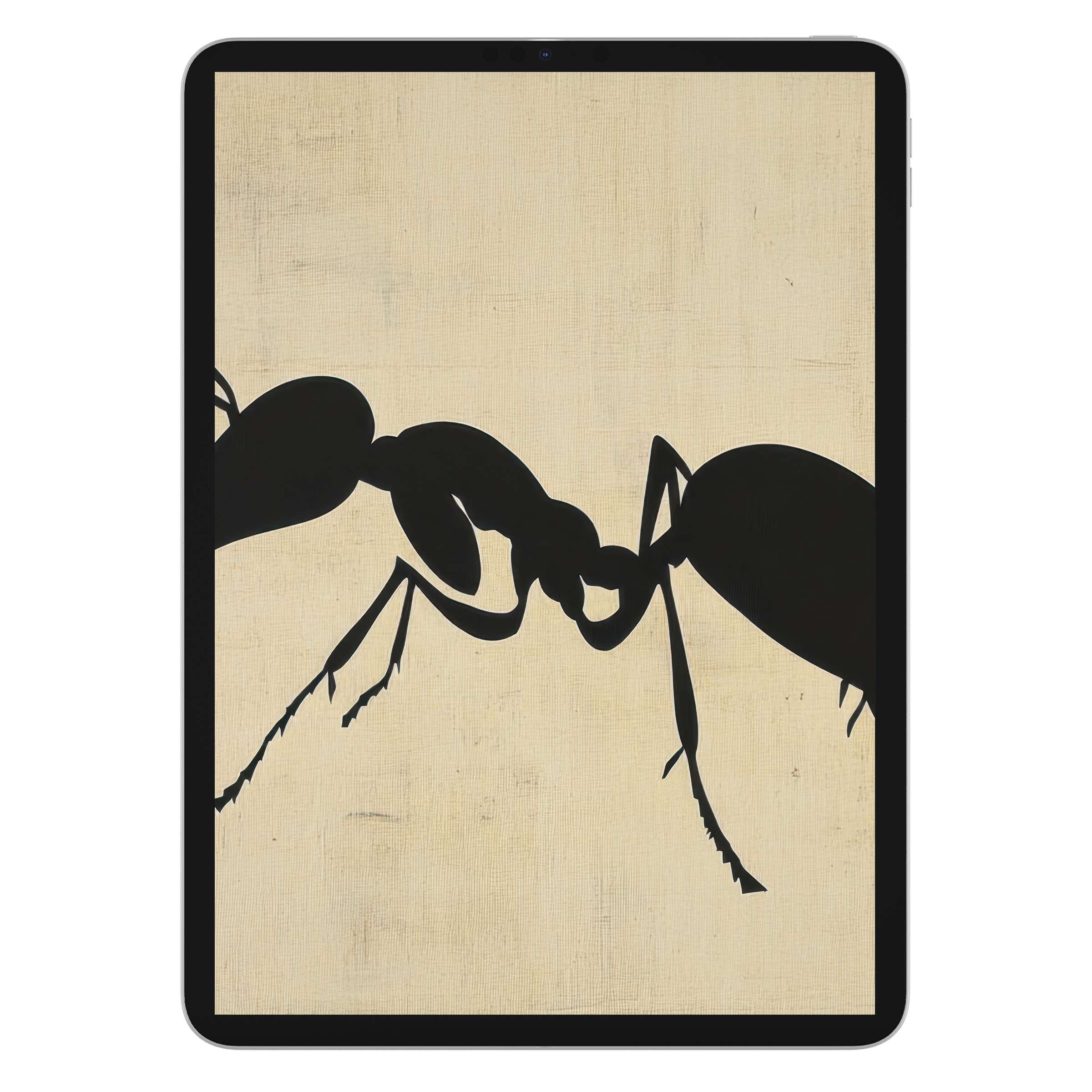 Minimalist iPad wallpaper featuring elegant ant silhouettes on a beige texture background for digital download on any tablet device