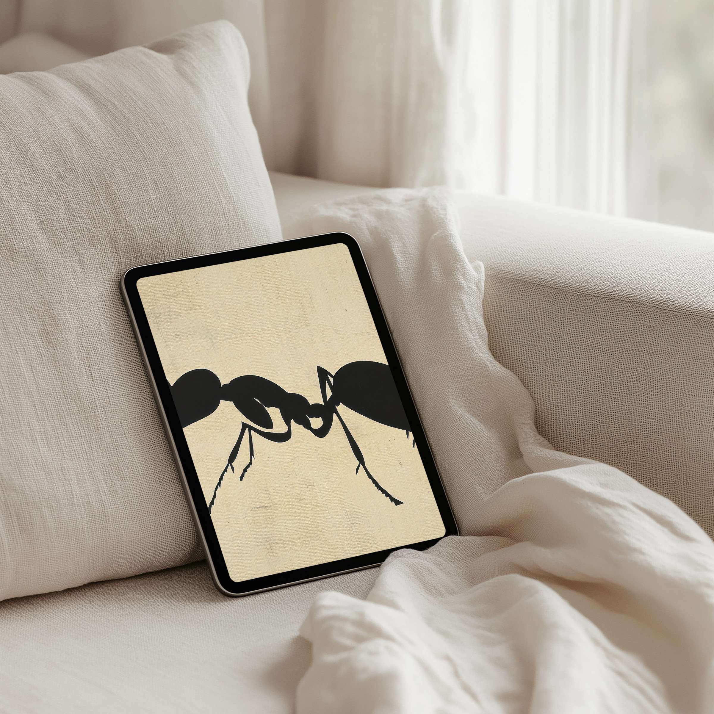 Elegant ant silhouette on minimalist iPad background inspires calm and mindfulness fits all tablets with instant download available