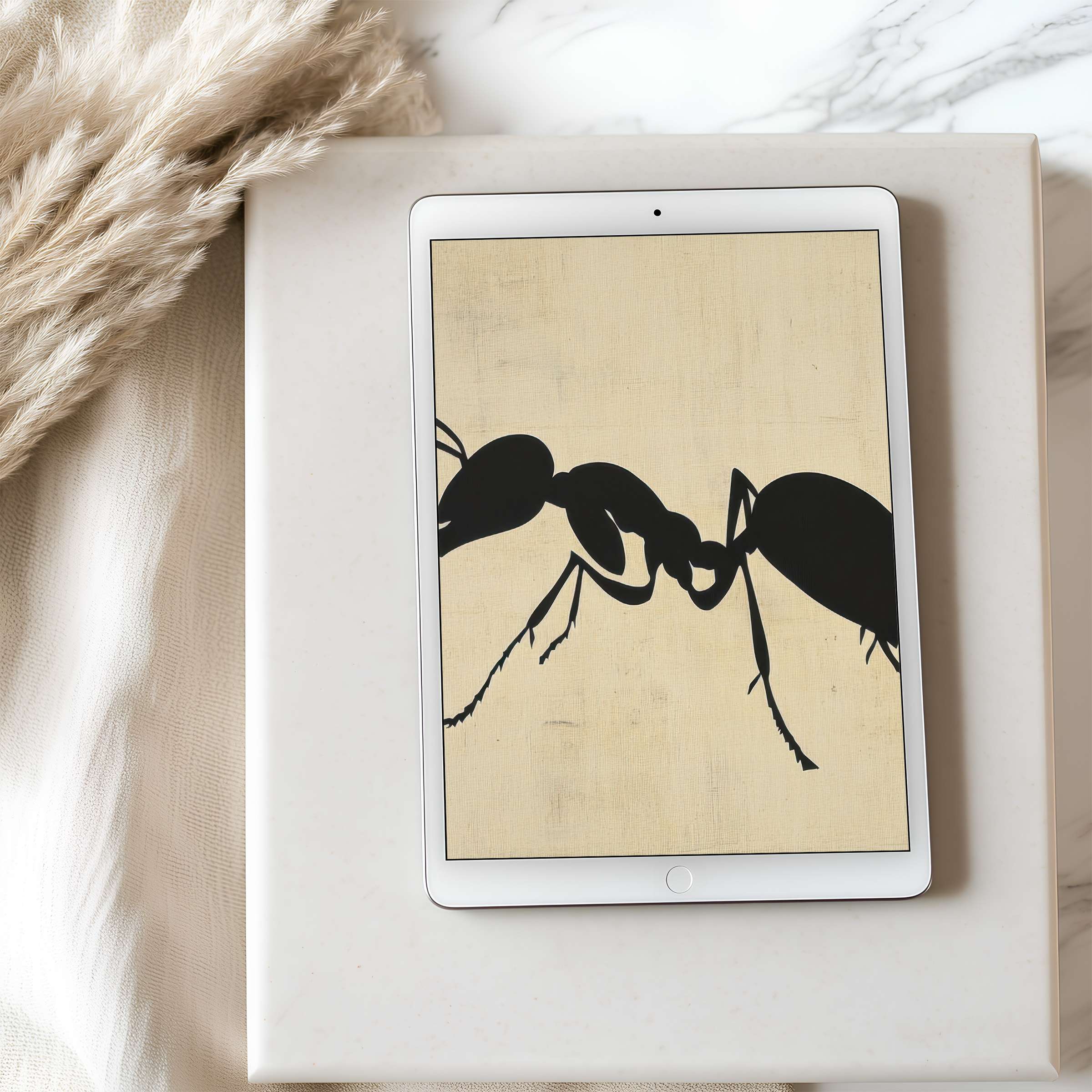 Elegant high resolution tablet wallpaper featuring minimalist black ant silhouettes on beige, perfect for iPad or Android digital download