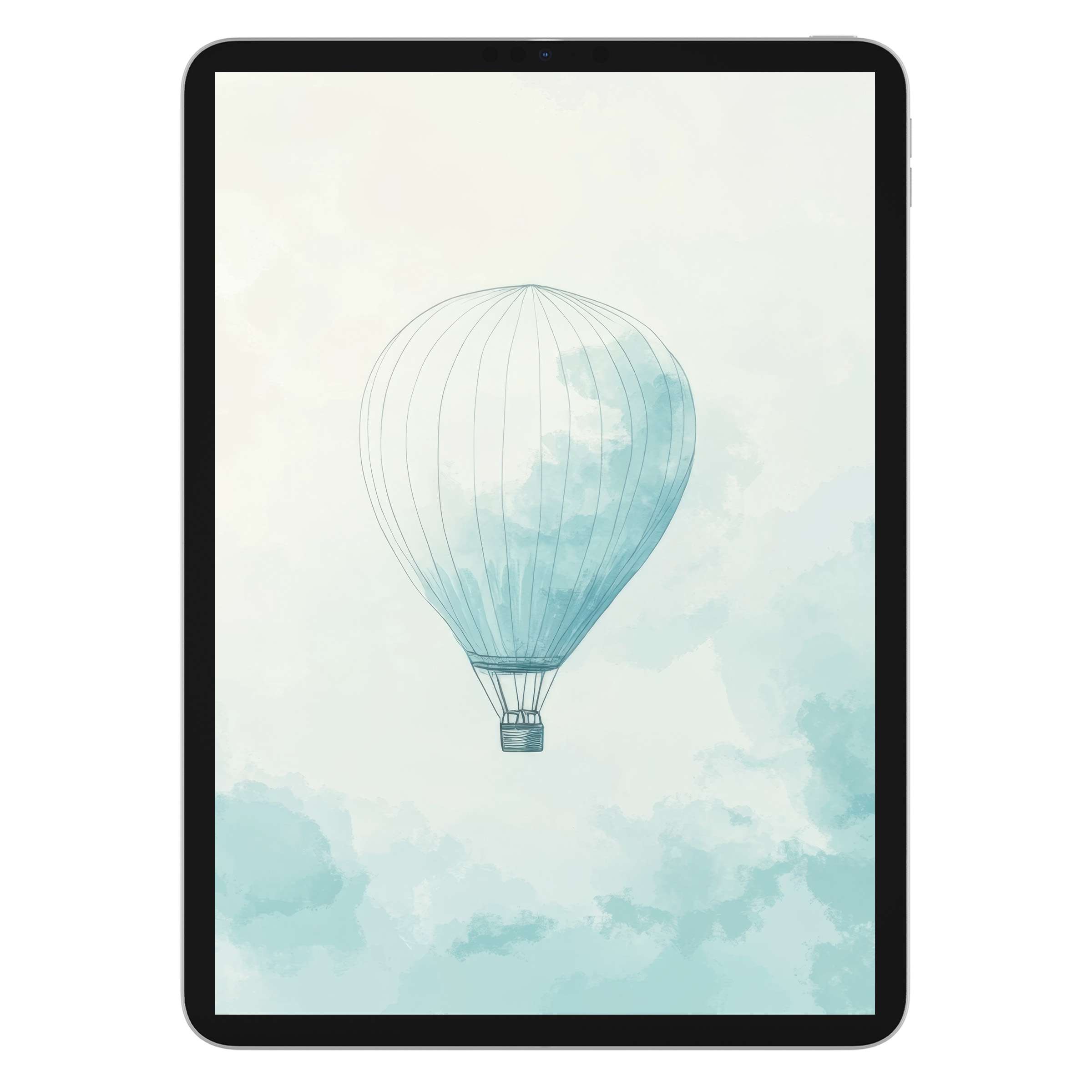 Minimalist iPad wallpaper featuring a serene hot air balloon amidst soft clouds, perfect digital download background for any tablet brand