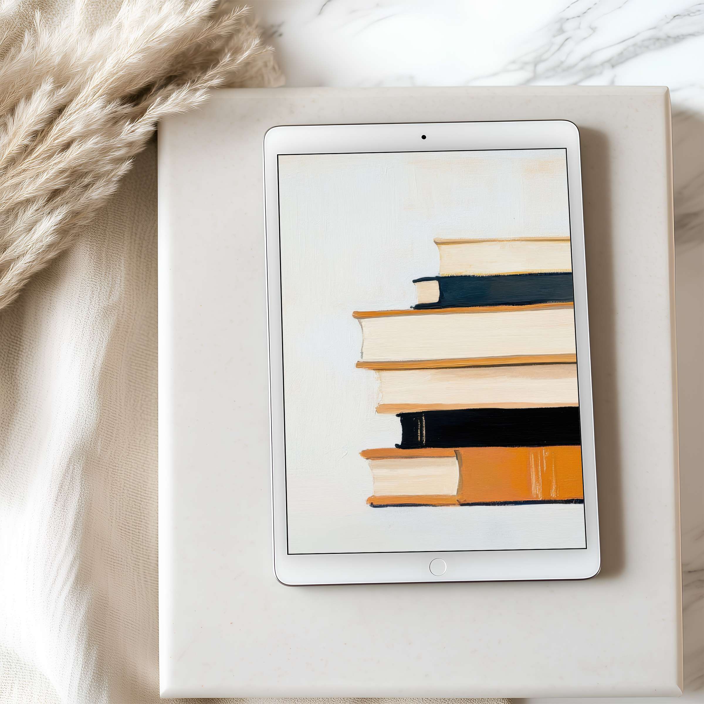 Curated tablet wallpaper featuring a stack of soft-toned books for calming digital download suitable for iPad and Android tablets