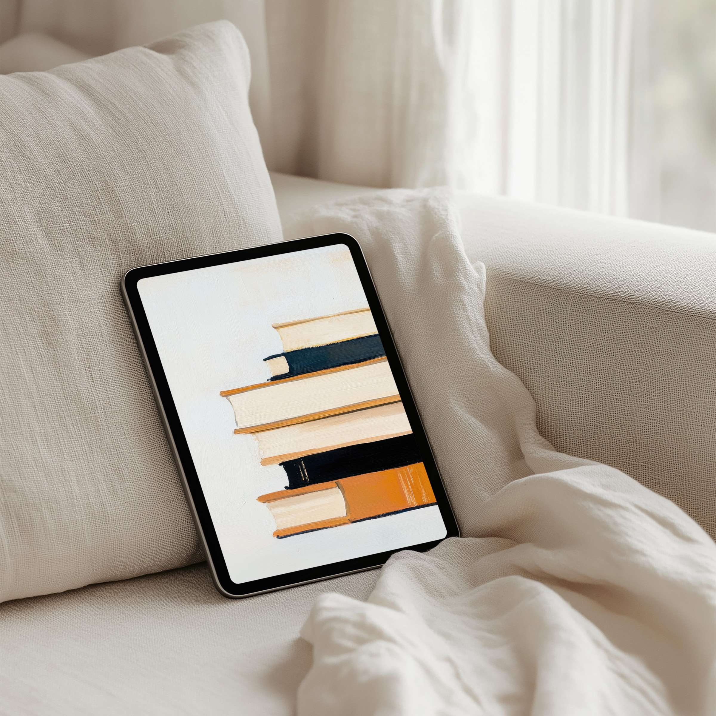 Elegant iPad background featuring stacked books art offers instant download for calming inspiration on any tablet