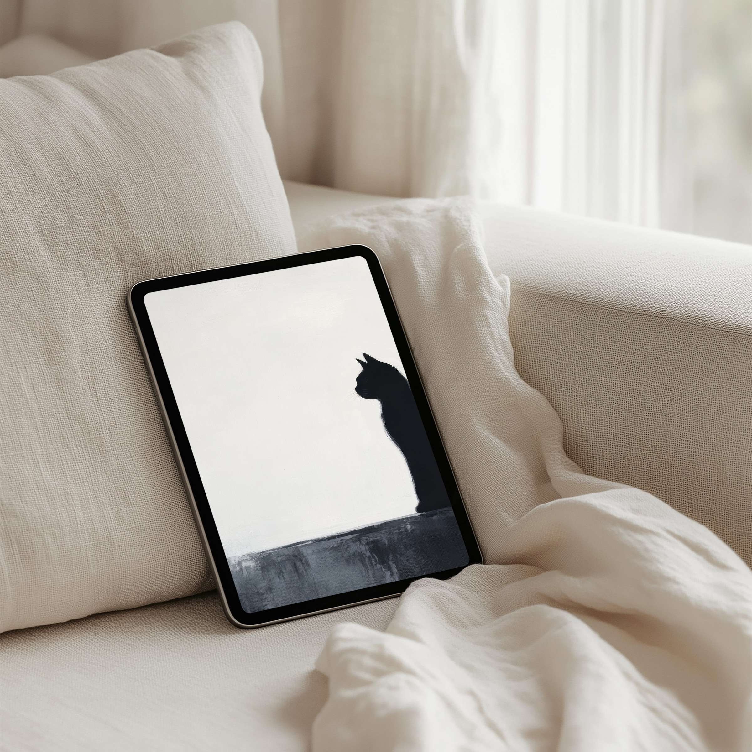 Elegant iPad background showcasing a minimalist cat silhouette, this instant download offers calm and inspiration for any tablet use