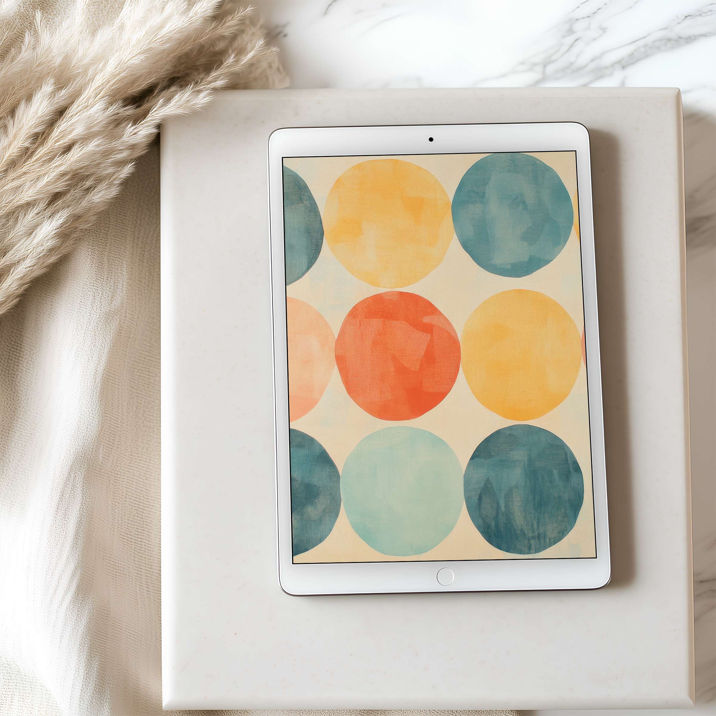 Vibrant geometric circles tablet wallpaper perfect for iPad and Android tablets, offering high resolution digital download for serene elegance