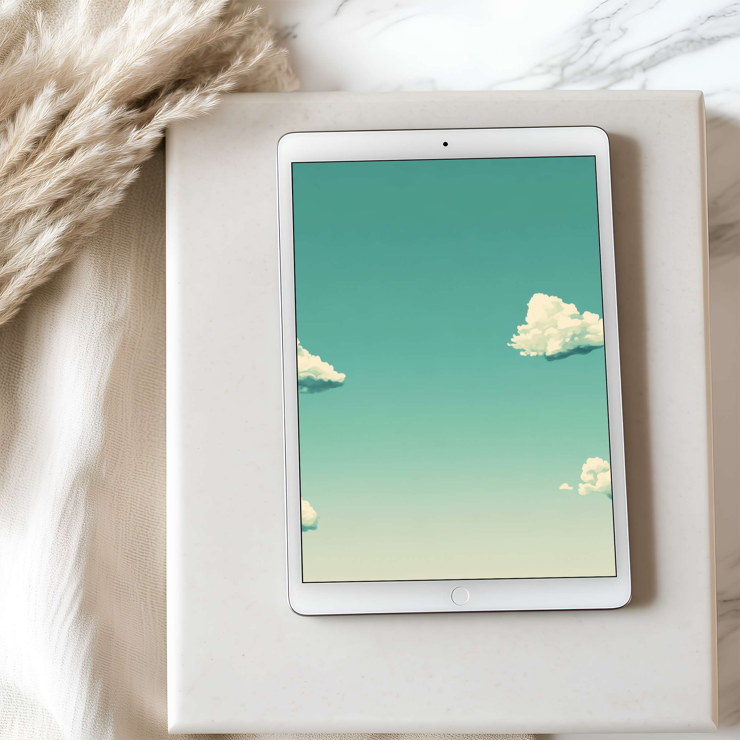 Elegant tablet wallpaper with serene pastel sky and gentle clouds, ideal for iPad and Android tablets, offering a calming digital download