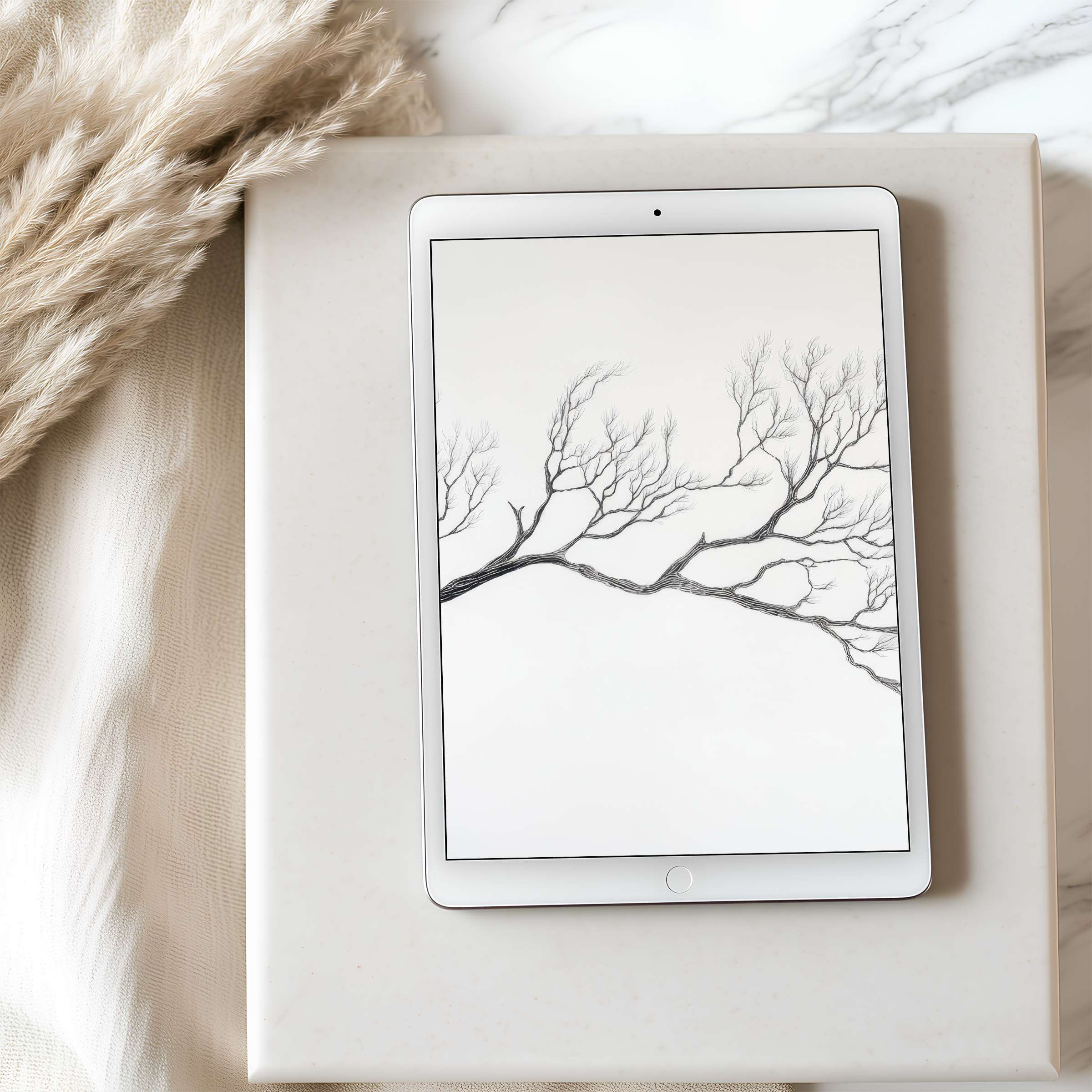 Elegant black and white branch motif tablet wallpaper, ideal for iPad and Android high resolution screens, a calming digital download