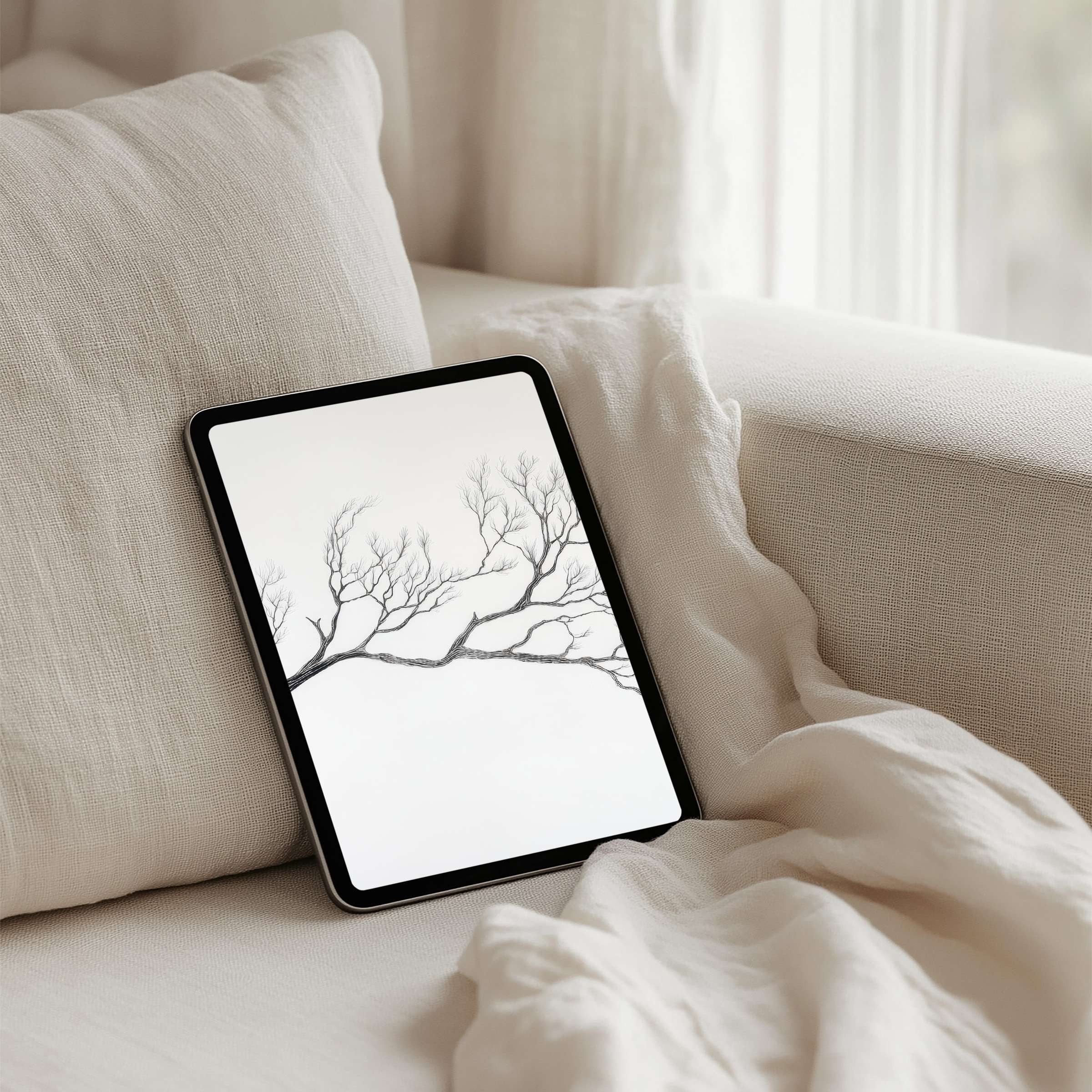 Elegant iPad background with serene tree art provides instant download for tablet users seeking calm and mindful inspiration