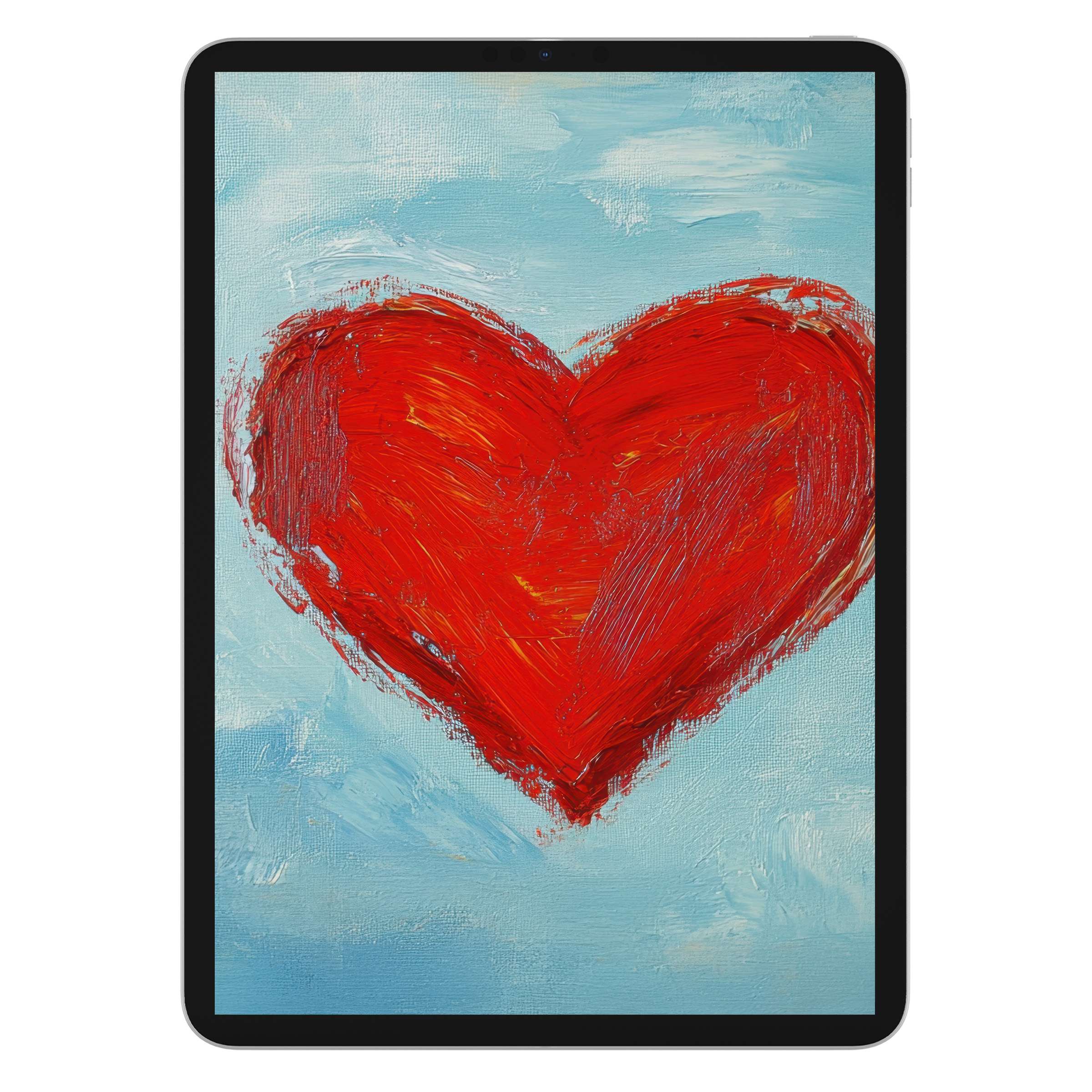 Minimalist iPad wallpaper featuring a vibrant red heart on a textured blue background, perfect digital download for any tablet display