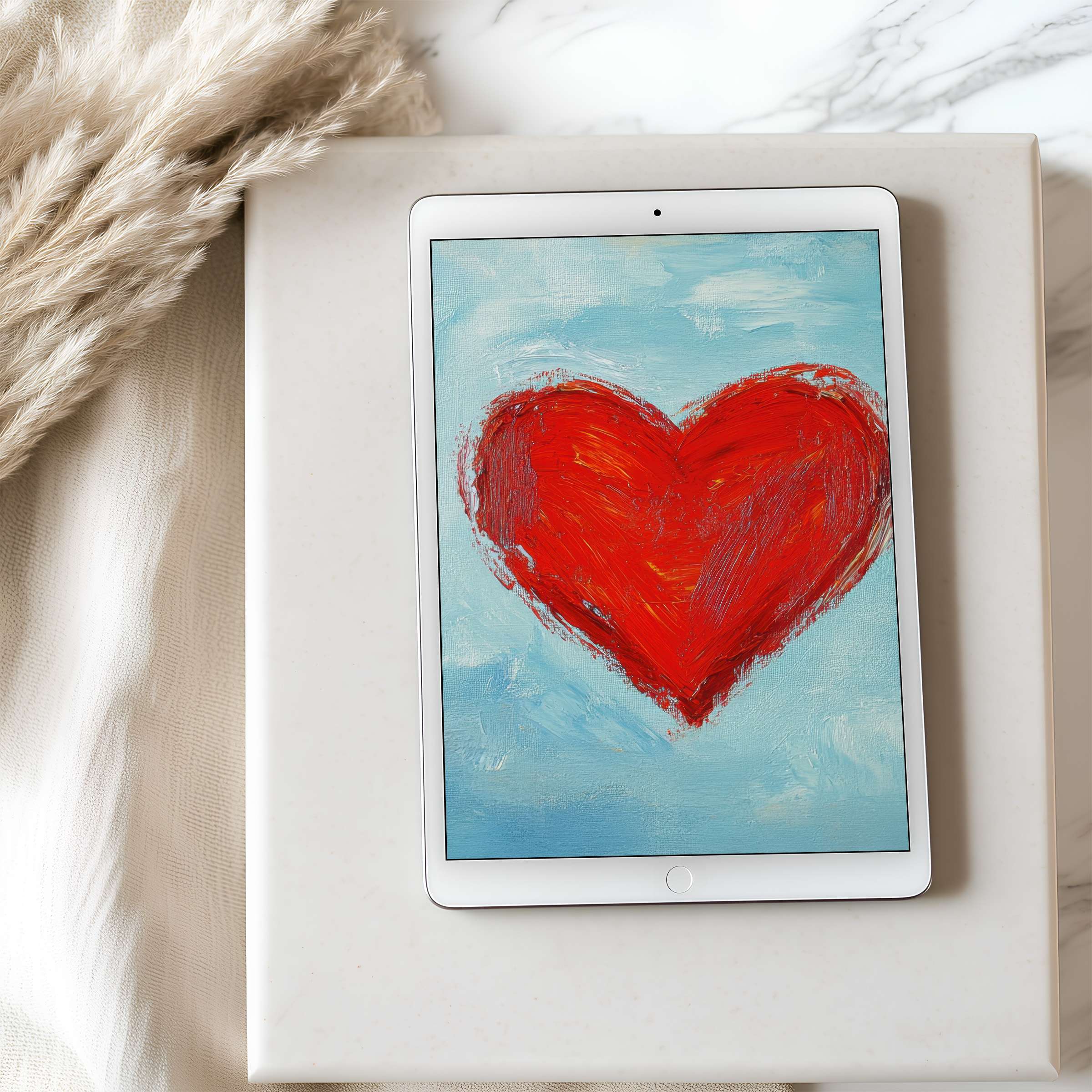 Elegant red heart motif on blue tablet wallpaper brings serene beauty to iPad interiors high resolution digital download