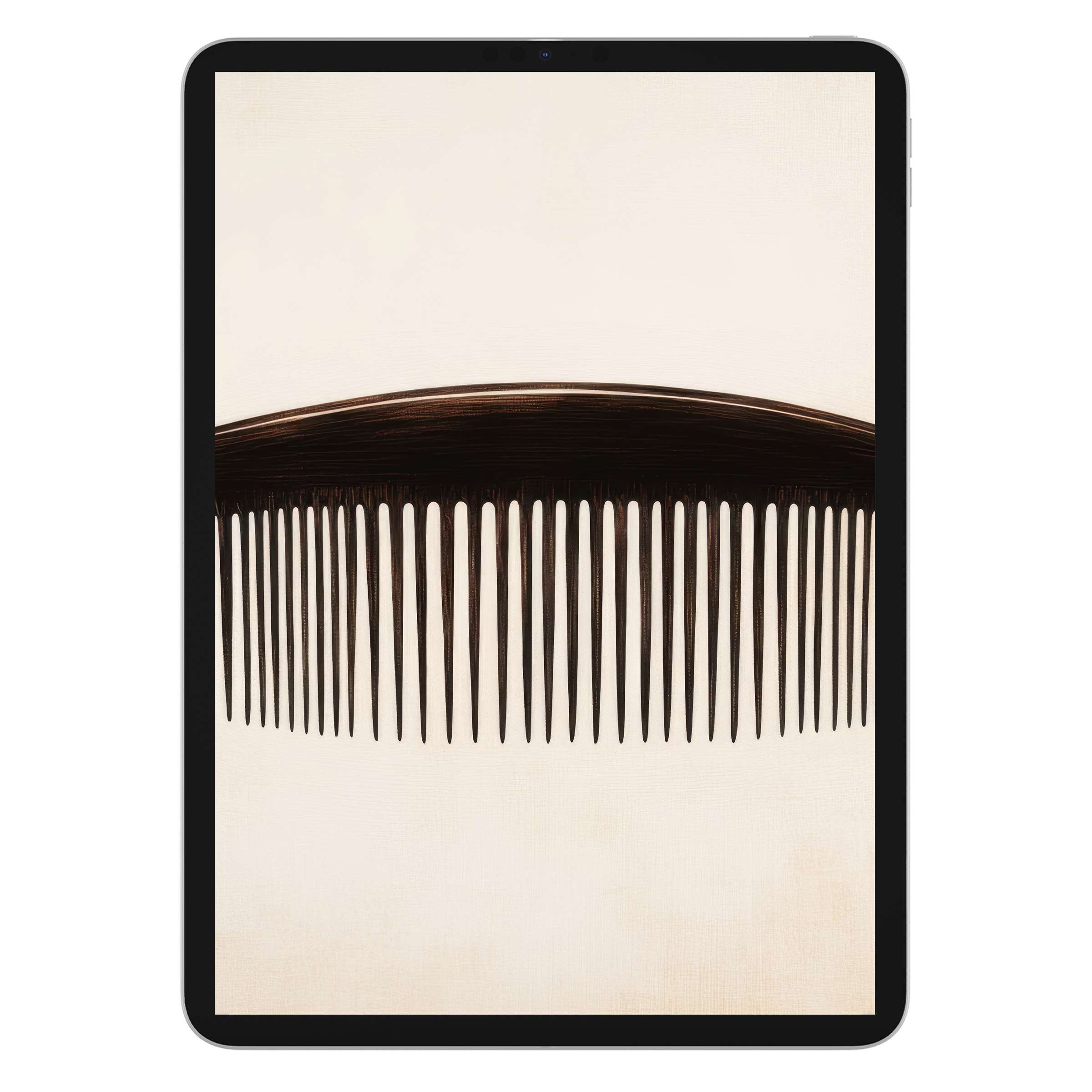Elegant minimalist iPad wallpaper featuring a dark, stylized arch resembling a comb on a soft beige digital download background for any tablet