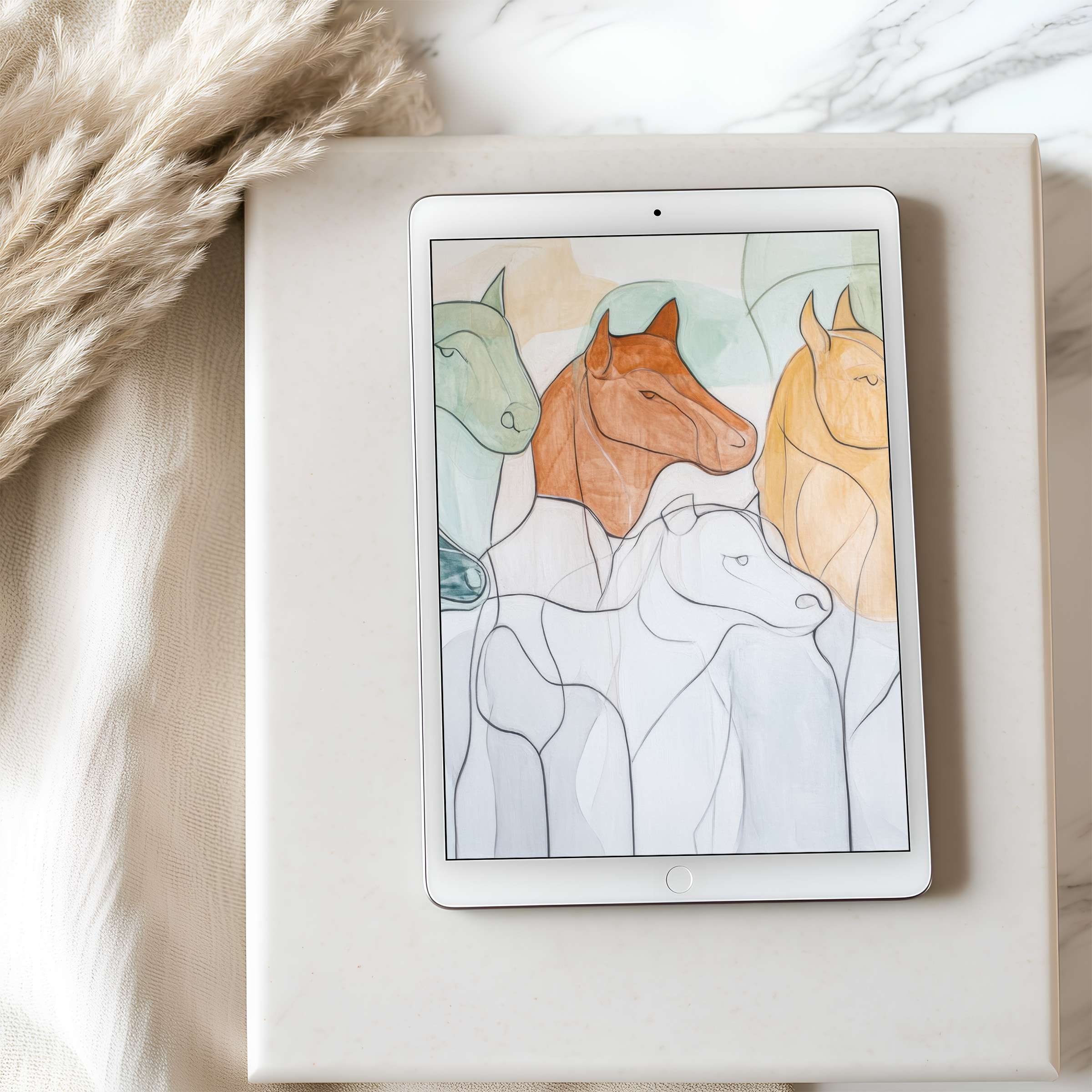 Elegant tablet wallpaper featuring abstract horse silhouettes in serene earthy tones against a calming neutral interior setting for iPad download