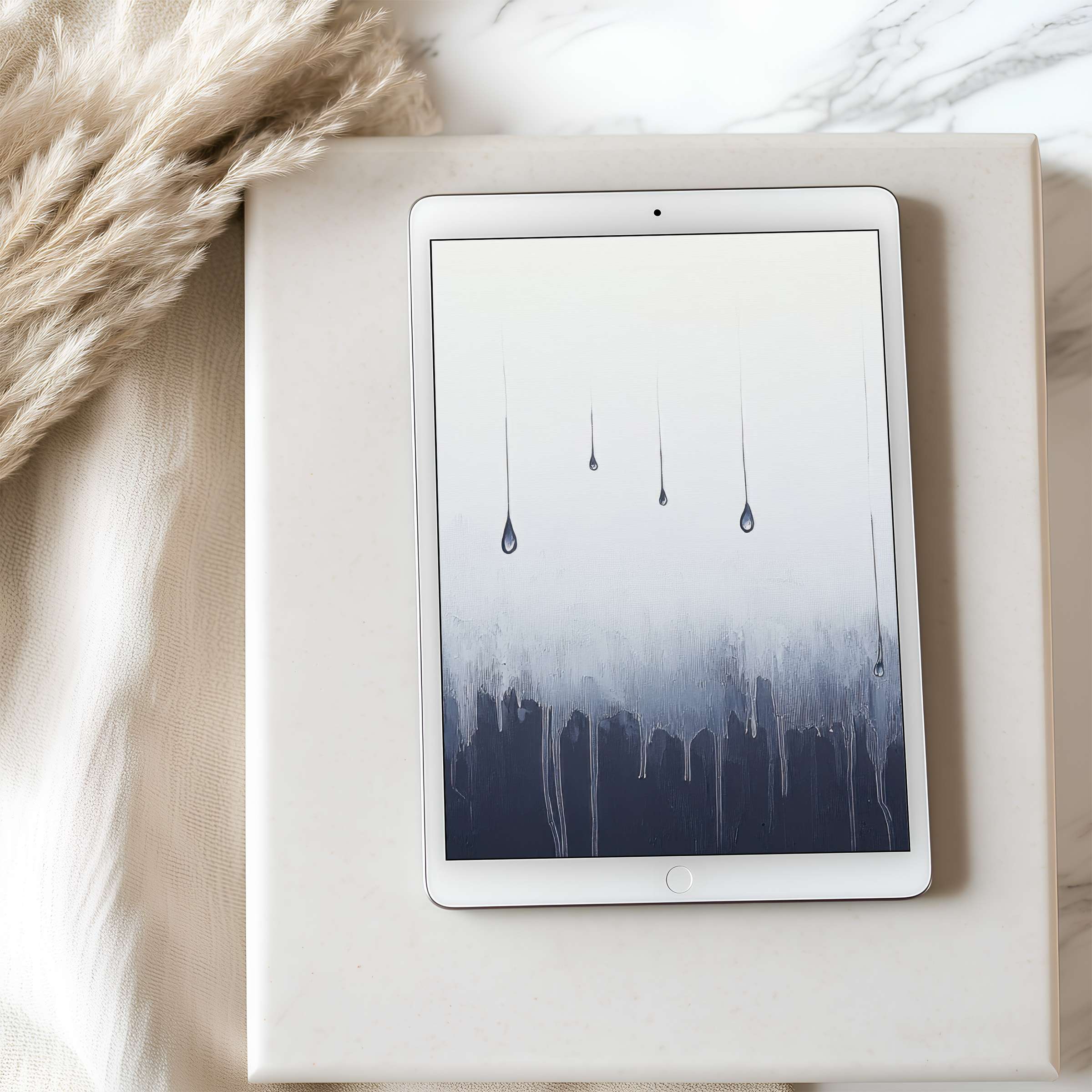 Elegant tablet wallpaper featuring serene blue drops on a gradient backdrop, perfect for iPad or Android, enhancing calm spaces